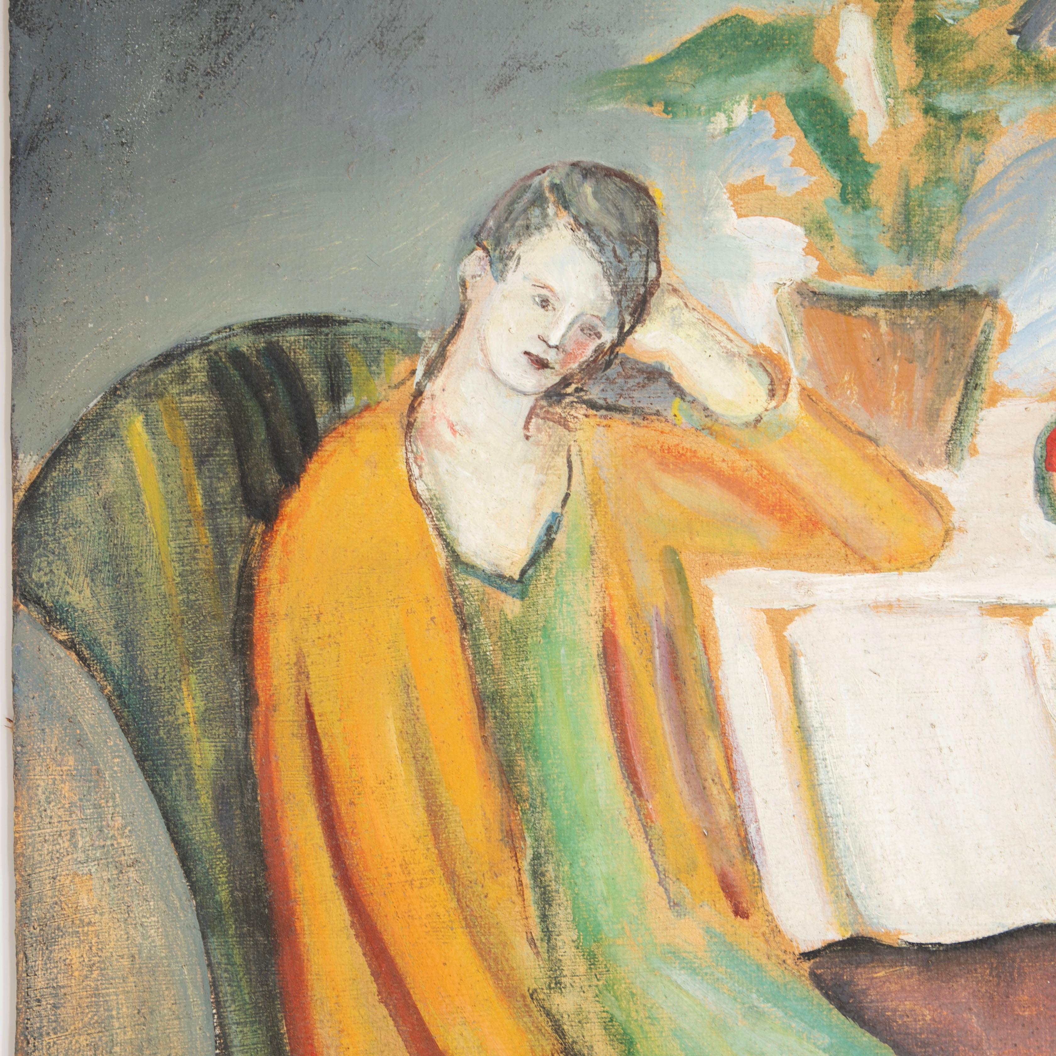 Eugene de Sala (Danish, 1899-1989)
This oil painting by Eugene de Sala, created between 1925 and 1930, measures 82 x 60 cm and depicts a woman sitting at a table. It is believed that the woman in the painting is the artist's wife. The work is signed
