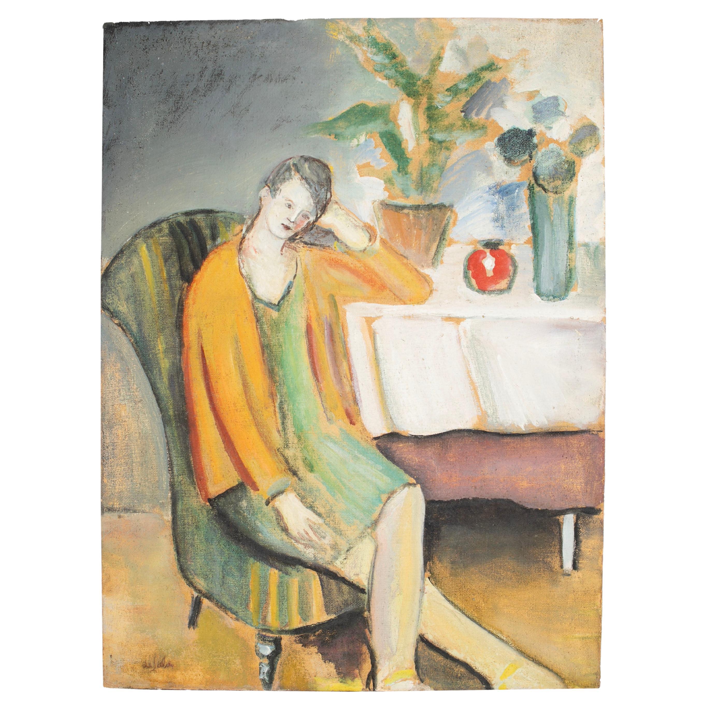 "Mujer a la mesa" Pintura al óleo de Eugenio de Sala