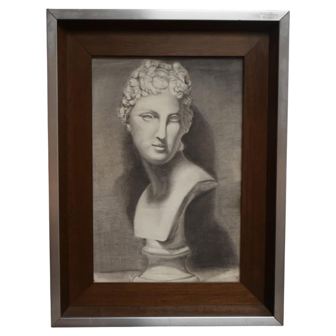 Dibujo de retrato de busto de mujer, años 70