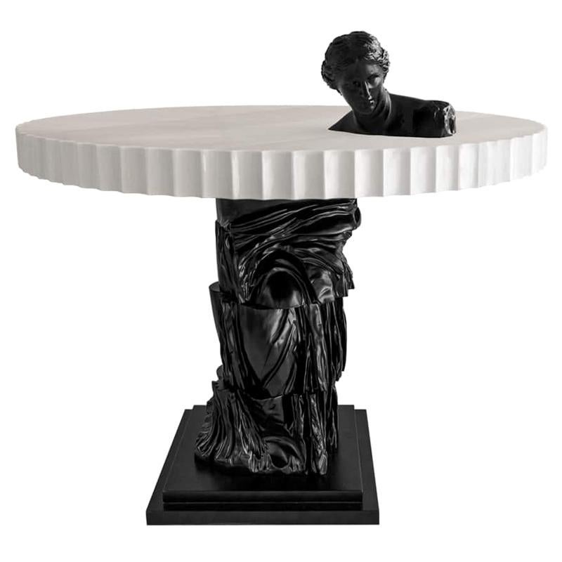 Dume Pedestal Carved Travertine Round Table by Kelly Wearstler For Sale