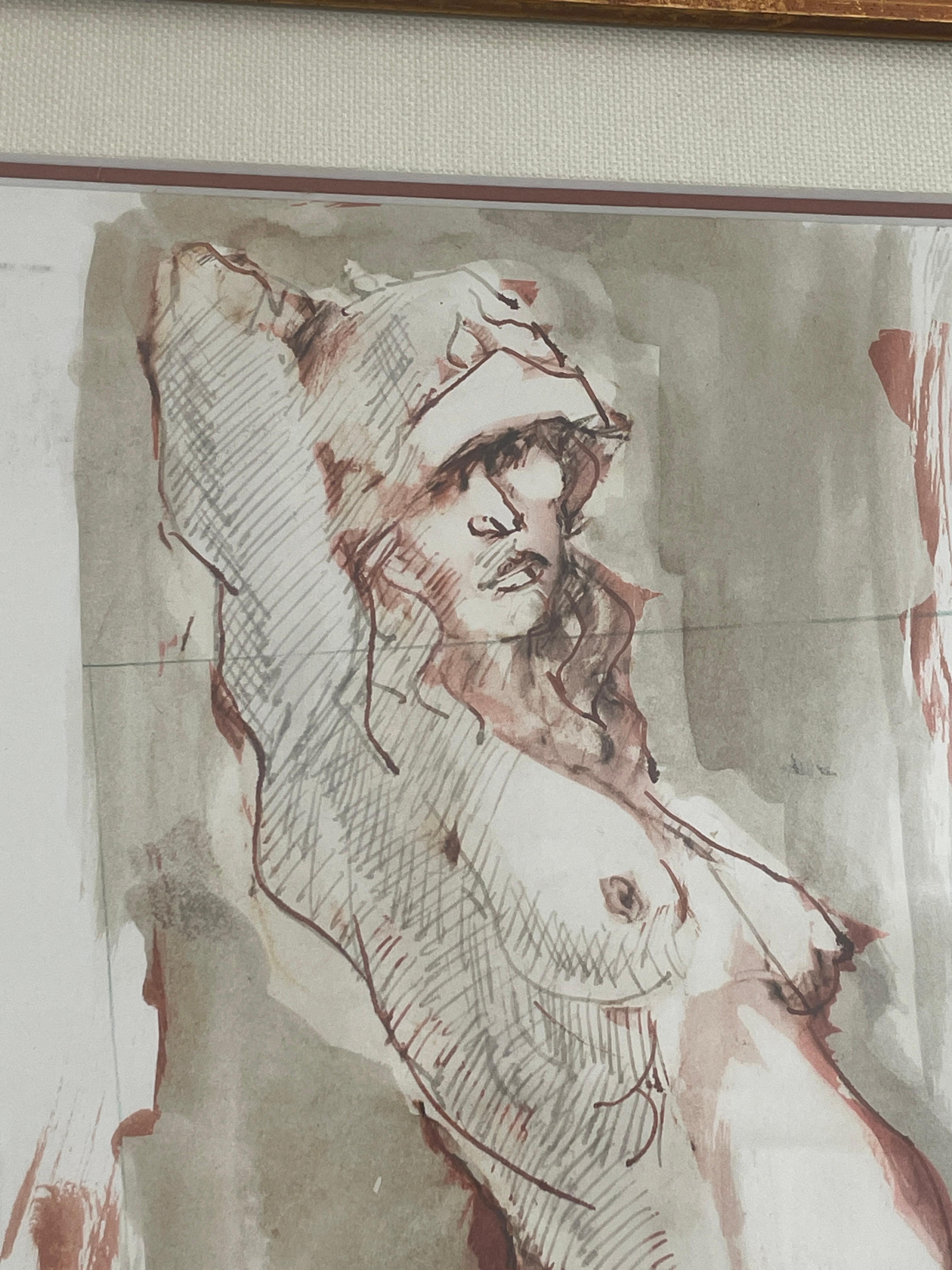 Drawing of a female figure done with watercolor and pencil. 
Signed M.G. and dated '98.
Made with neutral colors and raw lines, this one-of-a-kind drawing depicts a woman posing with her natural body. Empowering. 