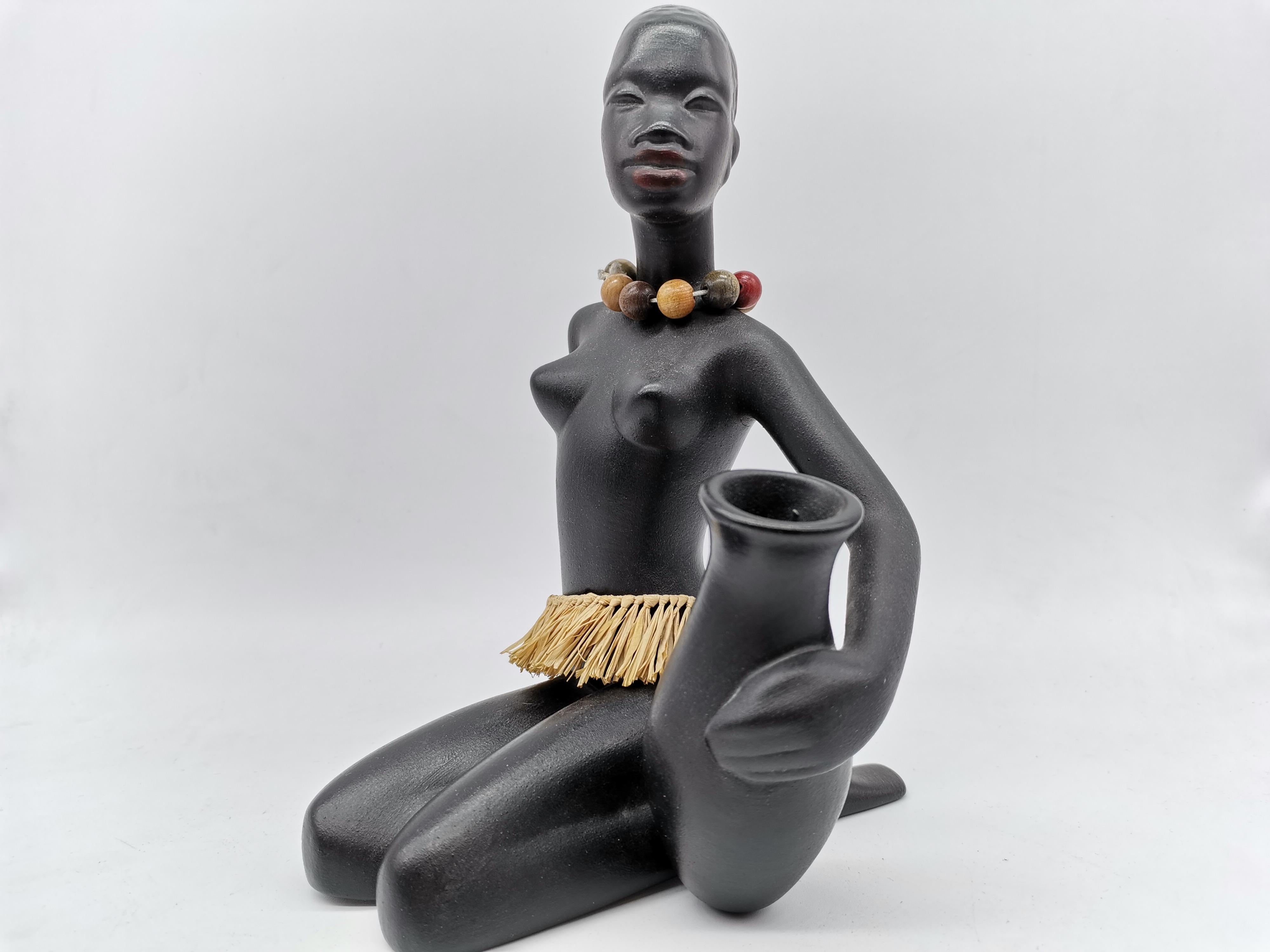Austrian Woman Figurine, Ceramic Blackened, Leopold Anzengruber Vienna, Austria