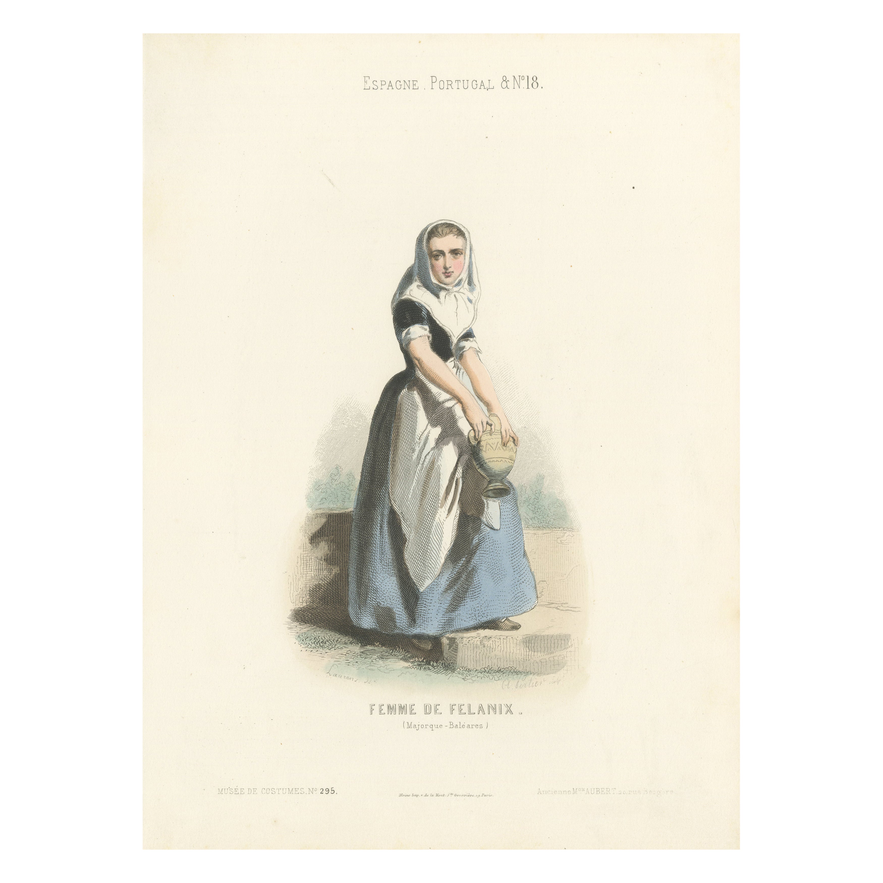 Femme de Felanitx, Majorque - Lithographie coloriée à la main, Espagne et Portugal, 1845
