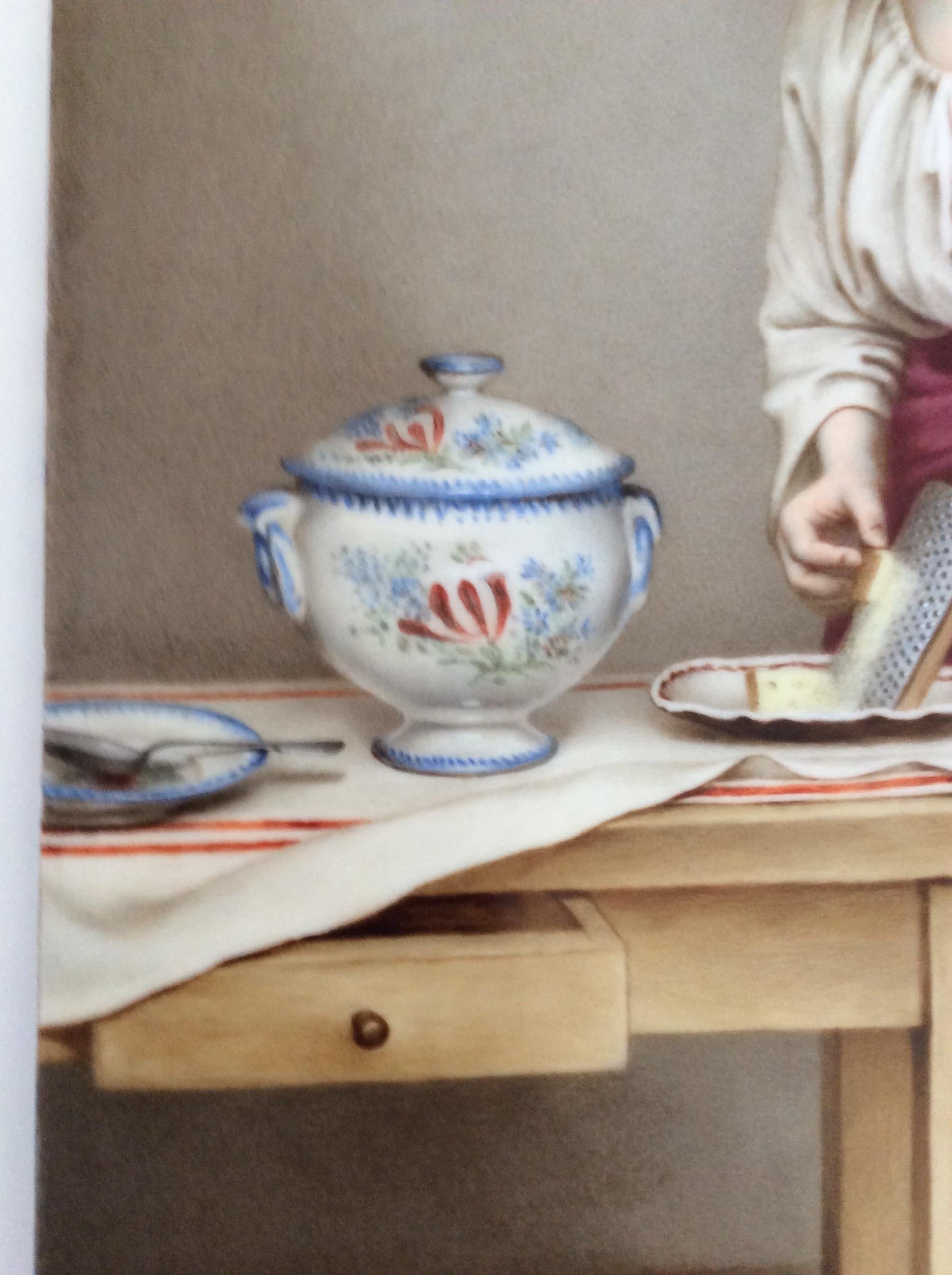 Woman Grating Cheese, Painting Oil on Porcelain Plaque For Sale 5