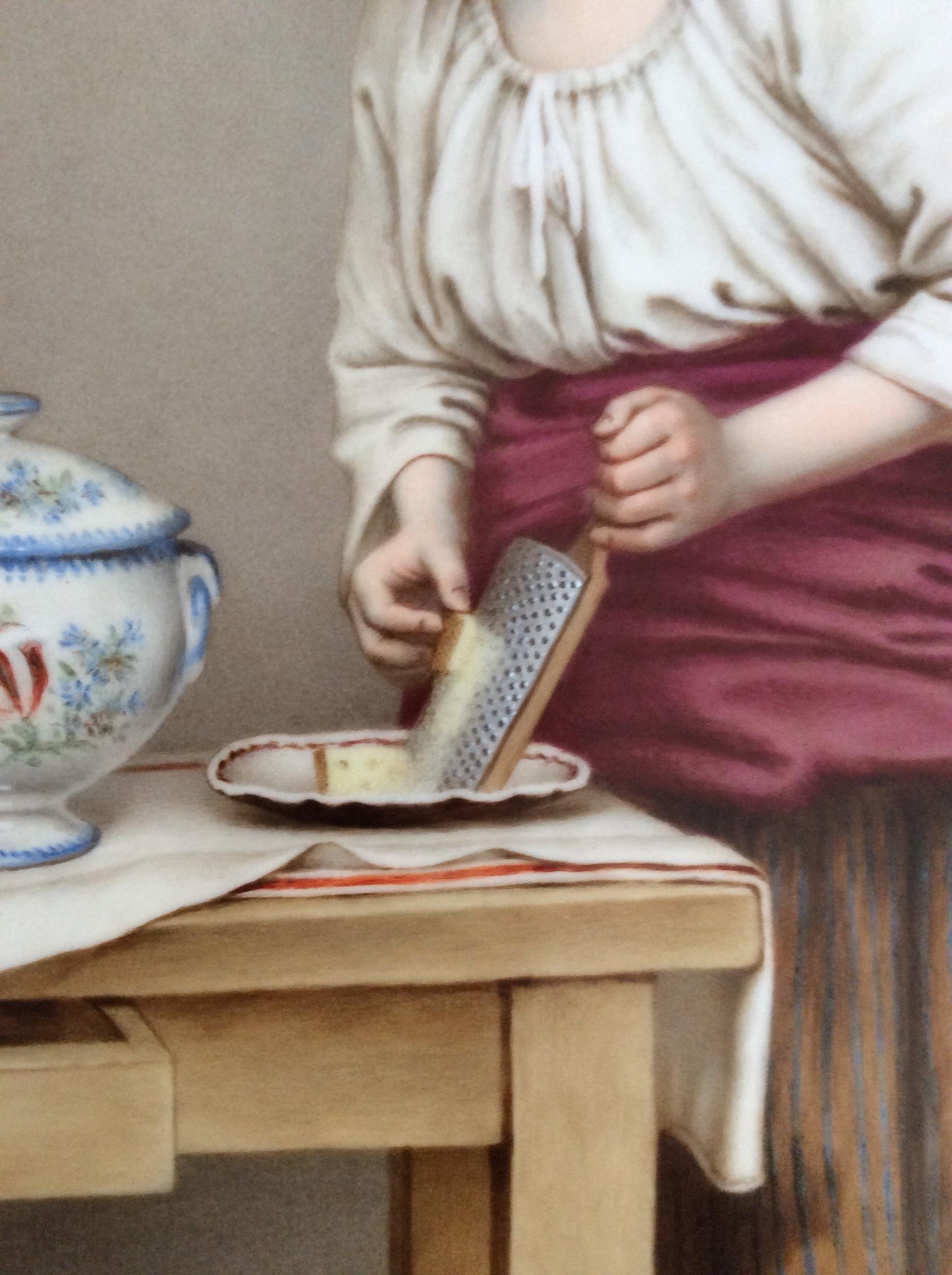 Belle Époque Woman Grating Cheese, Painting Oil on Porcelain Plaque For Sale