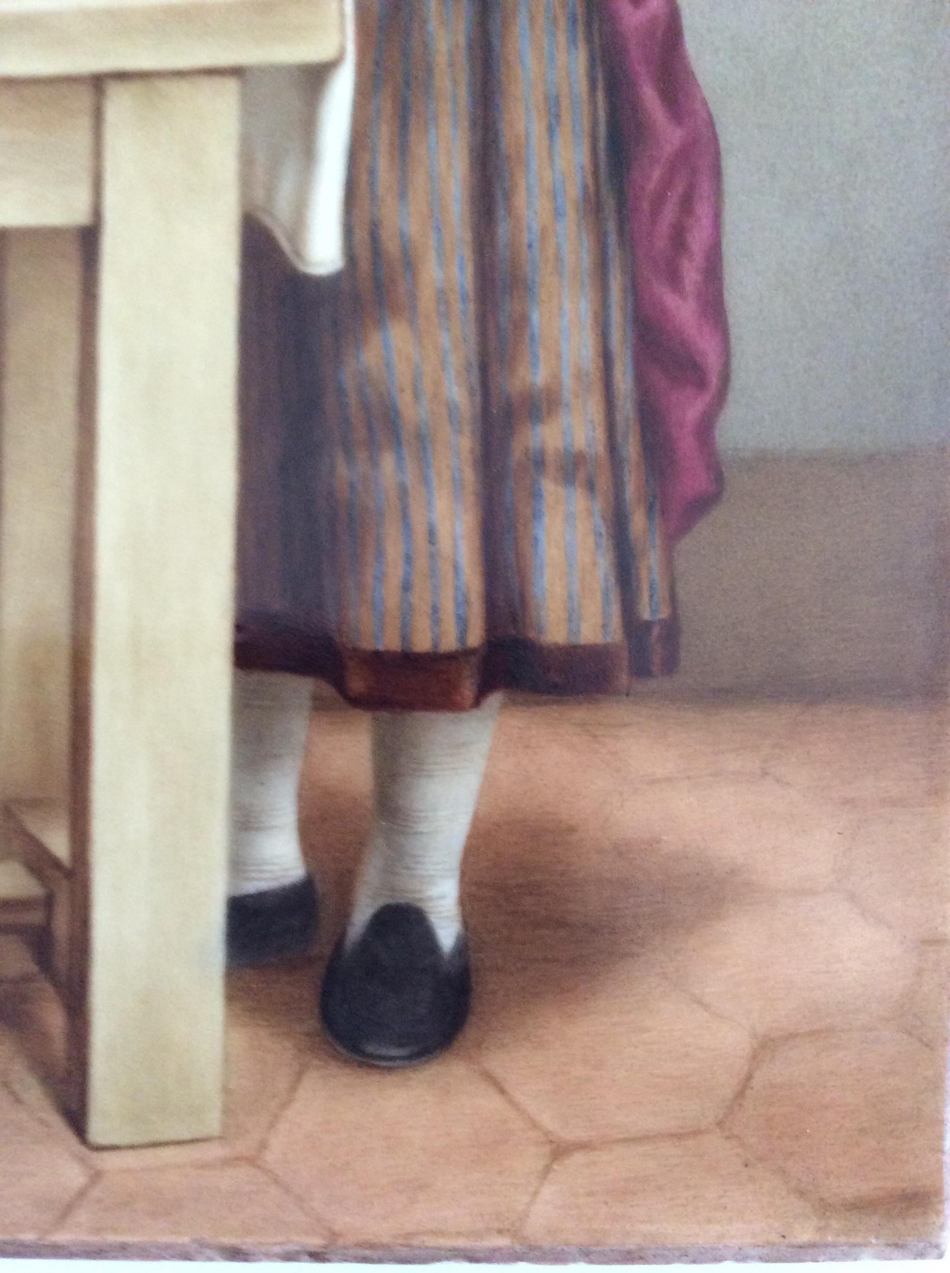 Woman Grating Cheese, Painting Oil on Porcelain Plaque In Good Condition For Sale In Lyngby, DK