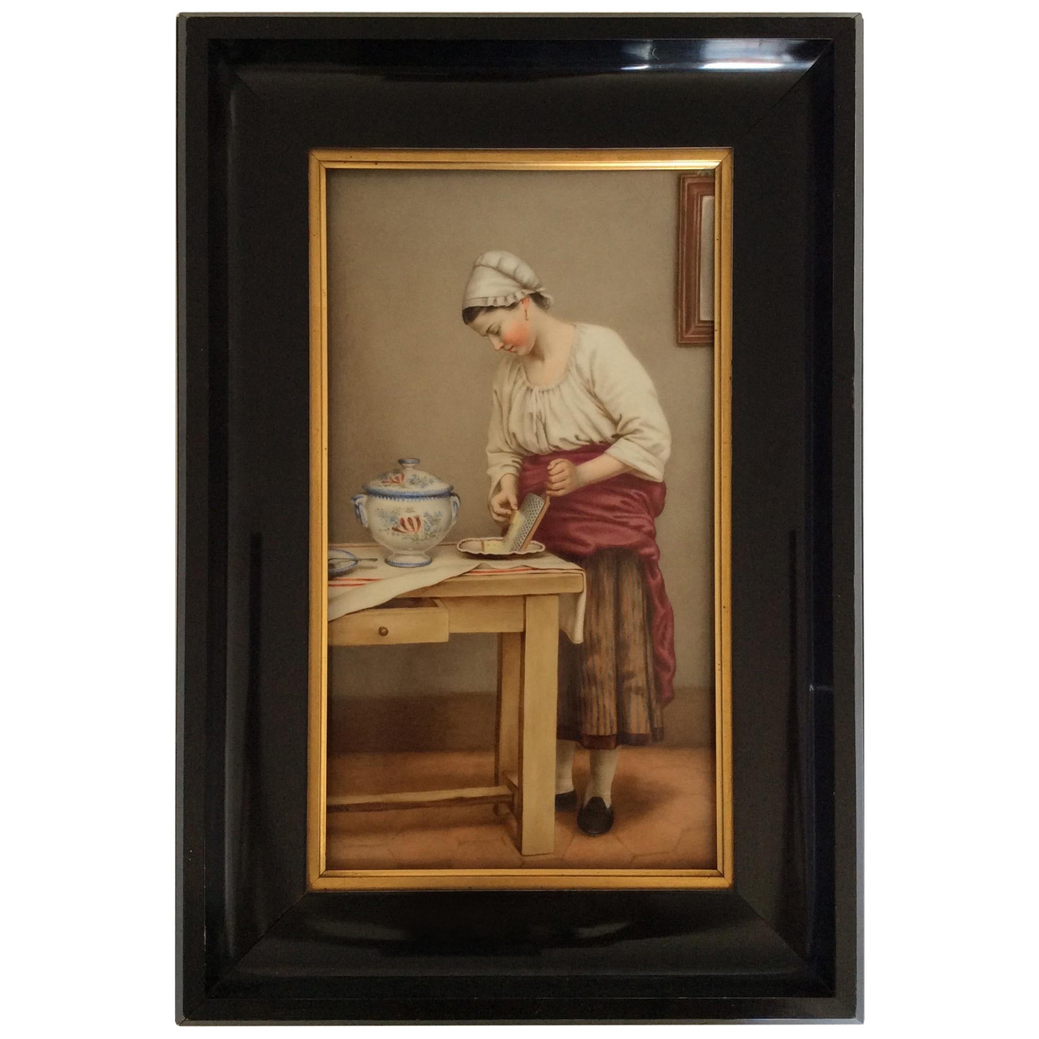 Woman Grating Cheese, Painting Oil on Porcelain Plaque For Sale