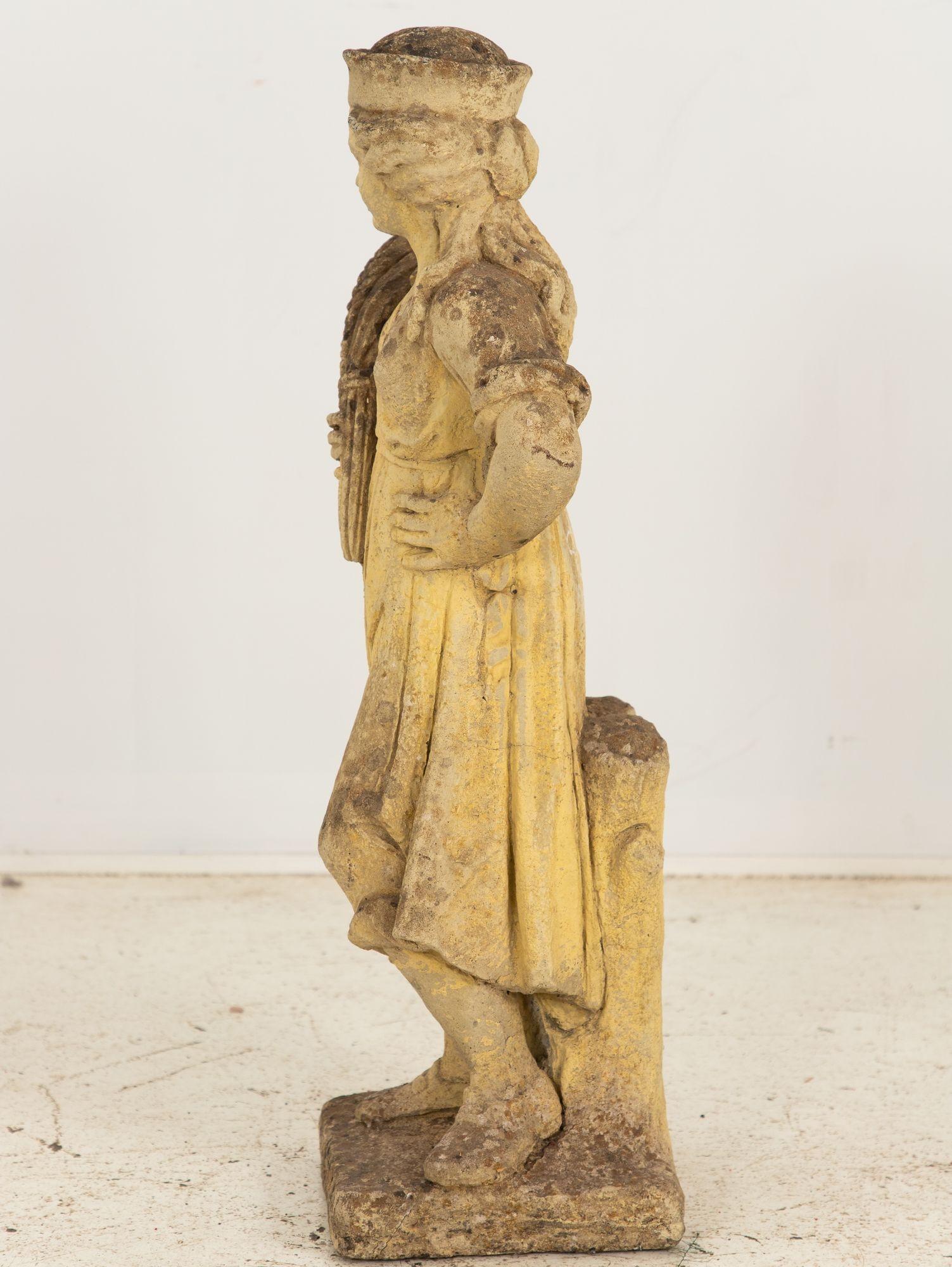 British Woman Holding Sheaf of Wheat, Concrete Garden Ornament, England Mid 20th Century For Sale
