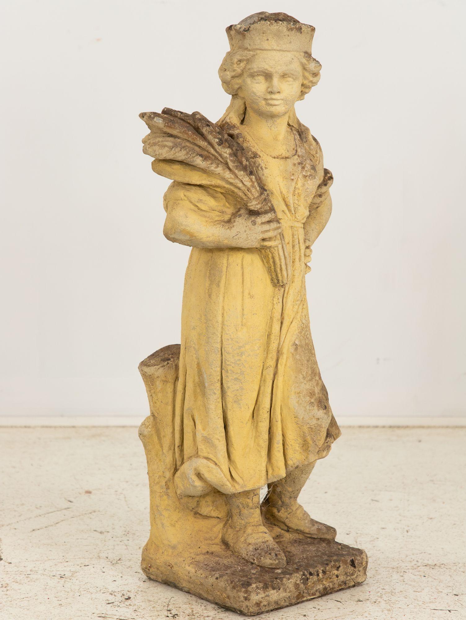 Woman Holding Sheaf of Wheat, Concrete Garden Ornament, England Mid 20th Century For Sale 2