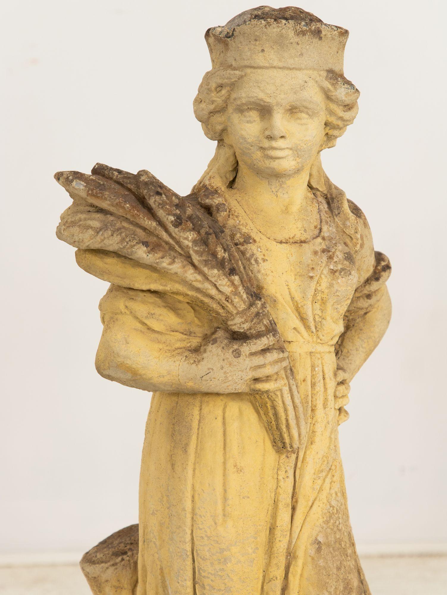 Woman Holding Sheaf of Wheat, Concrete Garden Ornament, England Mid 20th Century For Sale 3