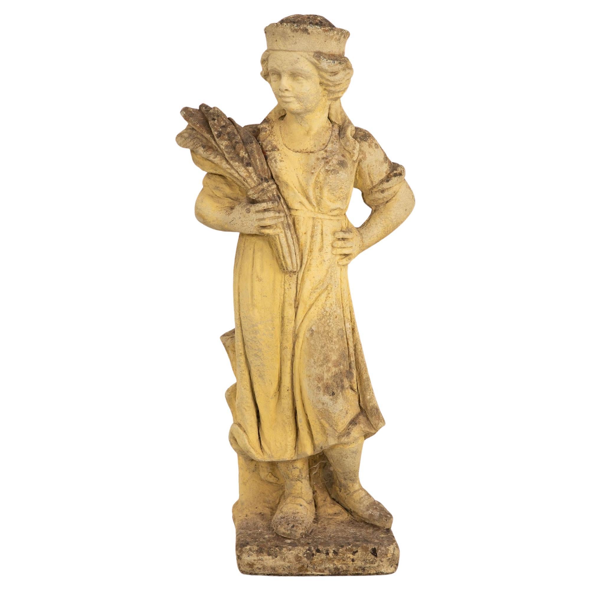 Woman Holding Sheaf of Wheat, Concrete Garden Ornament, England Mid 20th Century