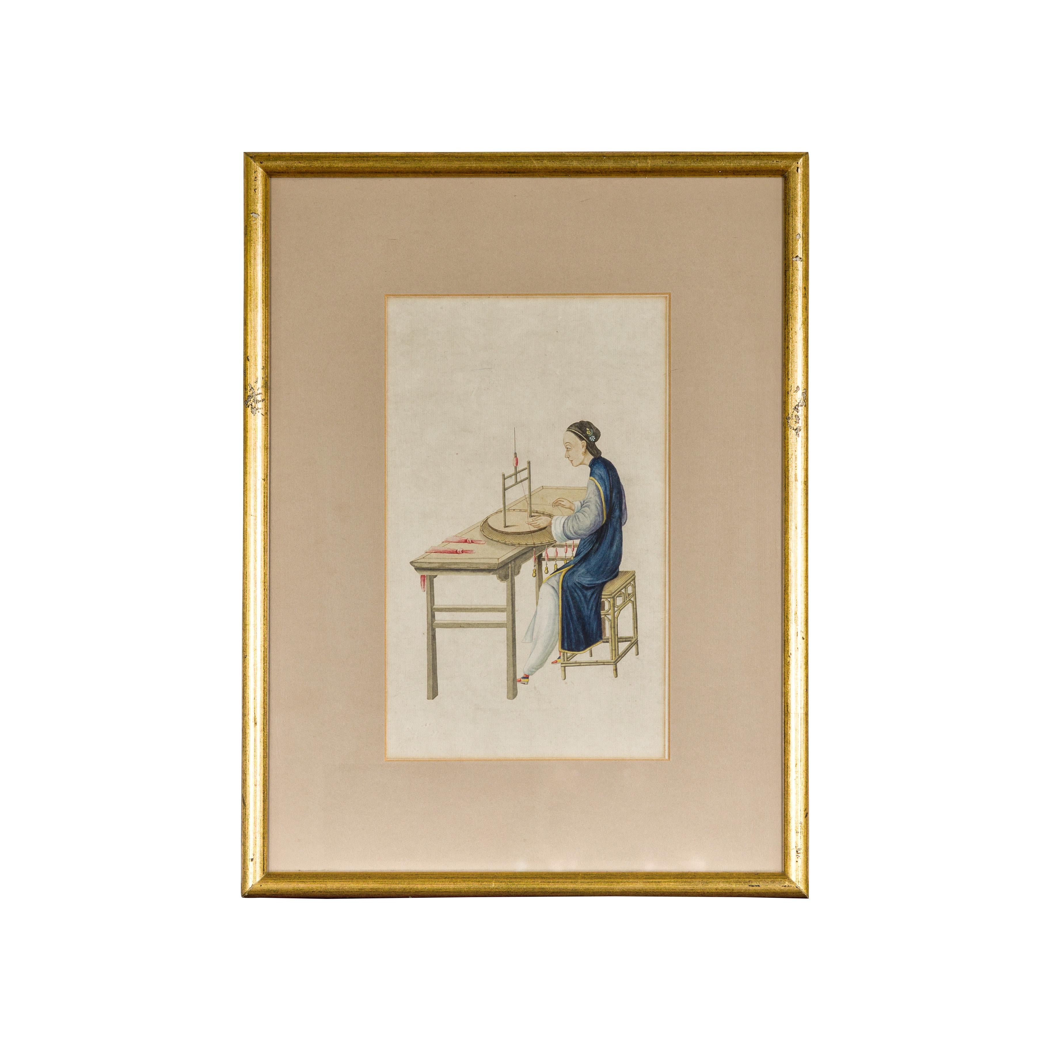 Woman in a Blue Dress Threading Silk Chinese Watercolor in Gilt Frame For Sale 13