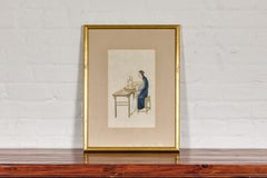 Woman in a Blue Dress Threading Silk Chinese Watercolor in Gilt Frame