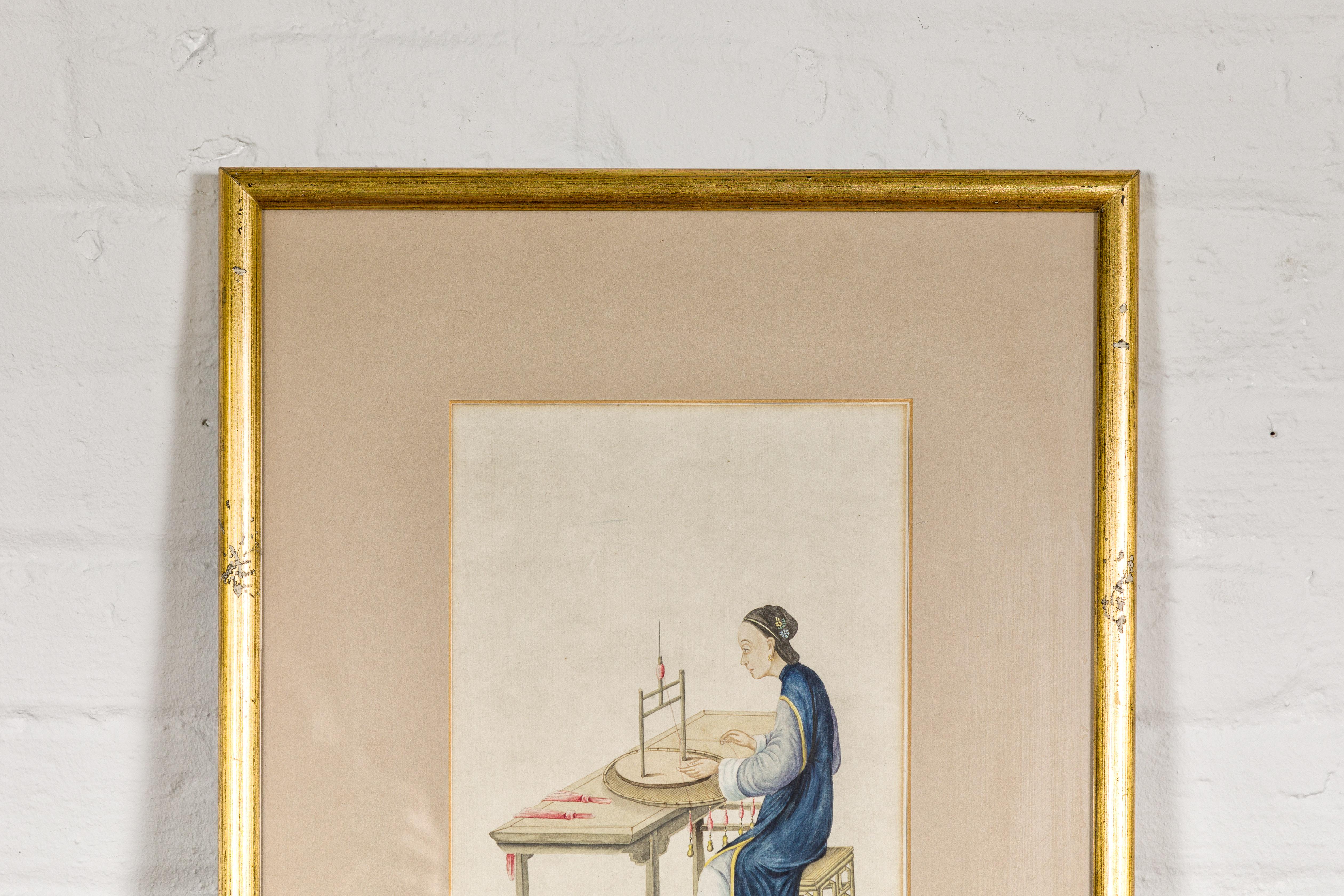 Woman in a Blue Dress Threading Silk Chinese Watercolor in Gilt Frame In Good Condition For Sale In Yonkers, NY