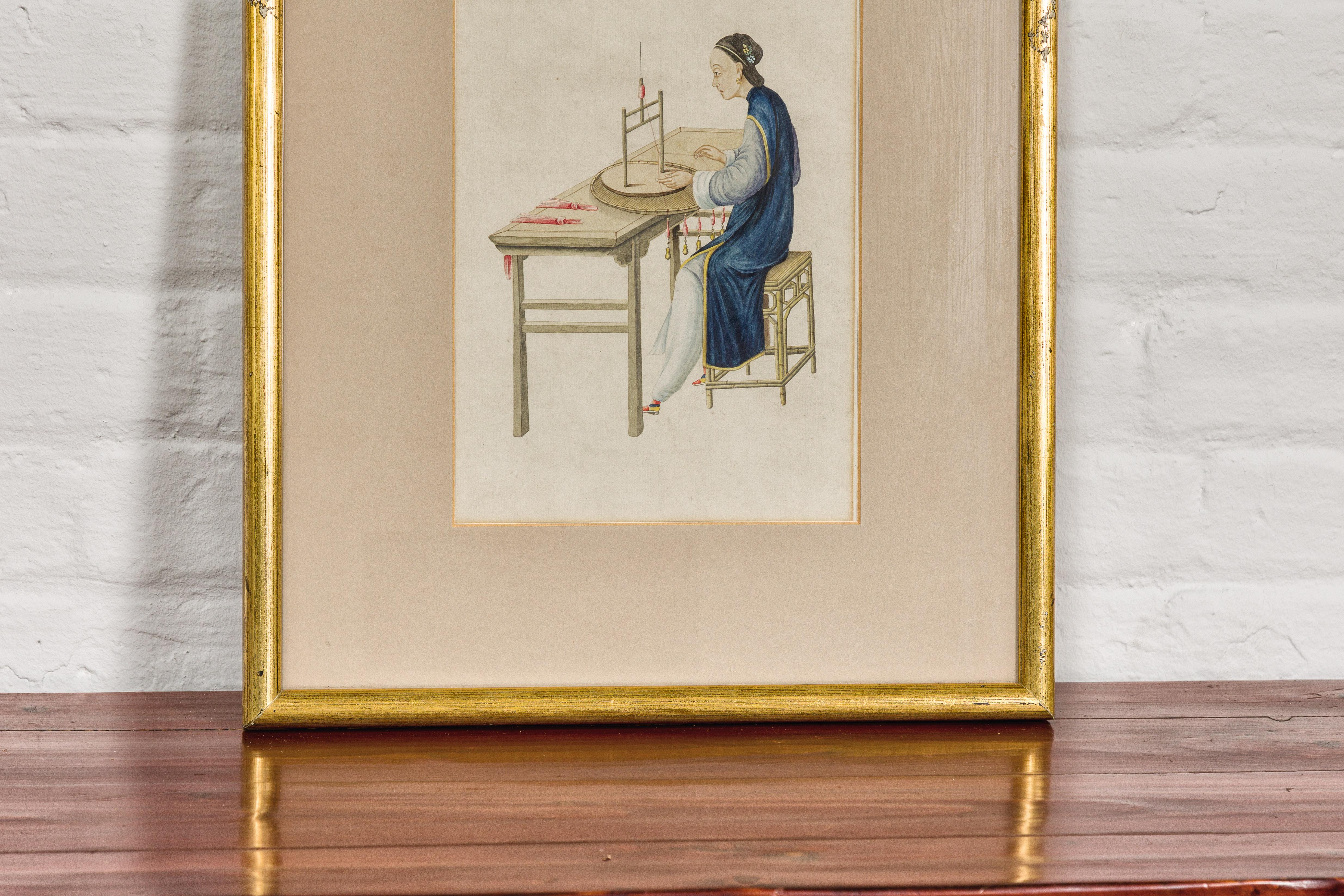 20th Century Woman in a Blue Dress Threading Silk Chinese Watercolor in Gilt Frame For Sale