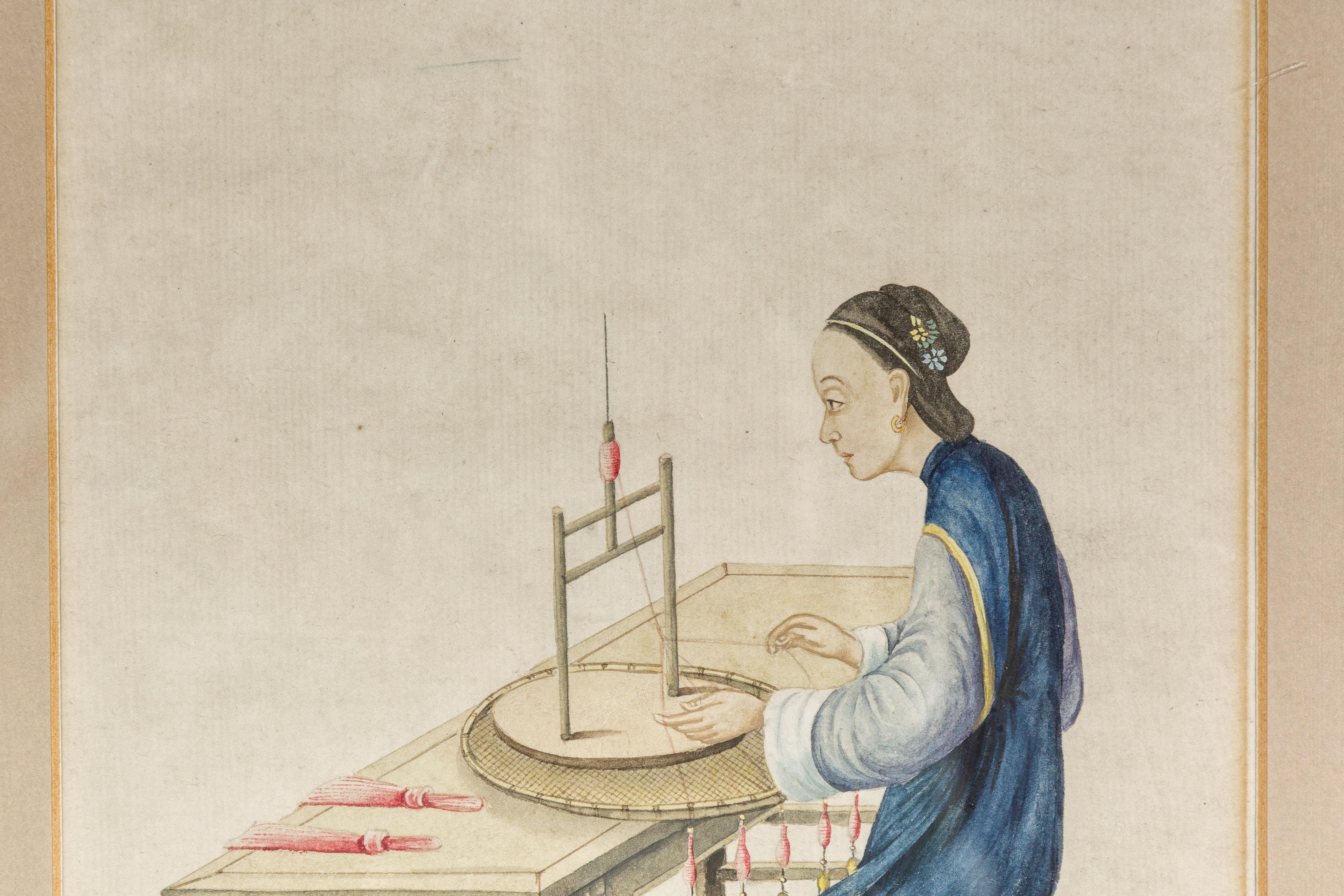 Woman in a Blue Dress Threading Silk Chinese Watercolor in Gilt Frame For Sale 1