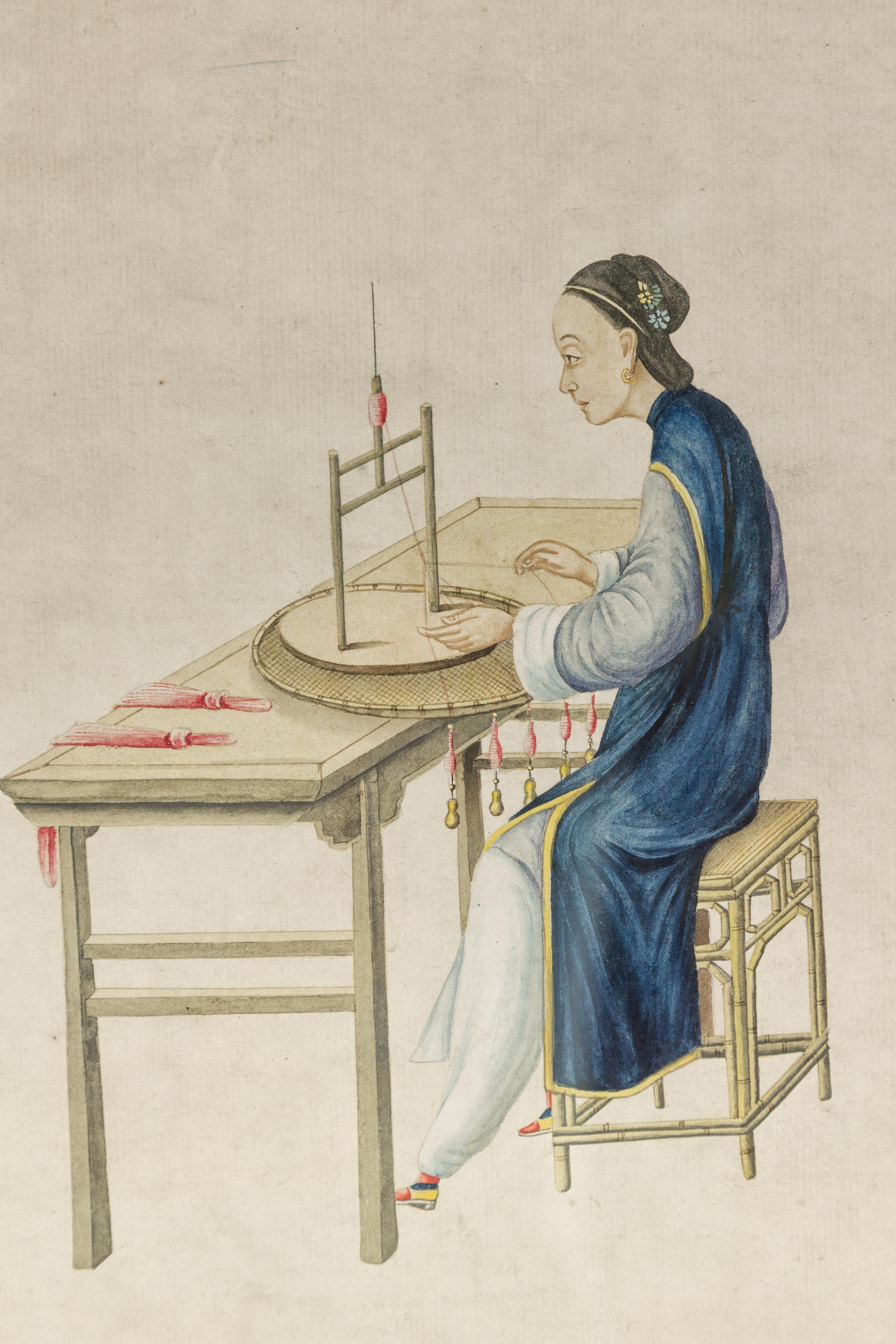 Woman in a Blue Dress Threading Silk Chinese Watercolor in Gilt Frame For Sale 3