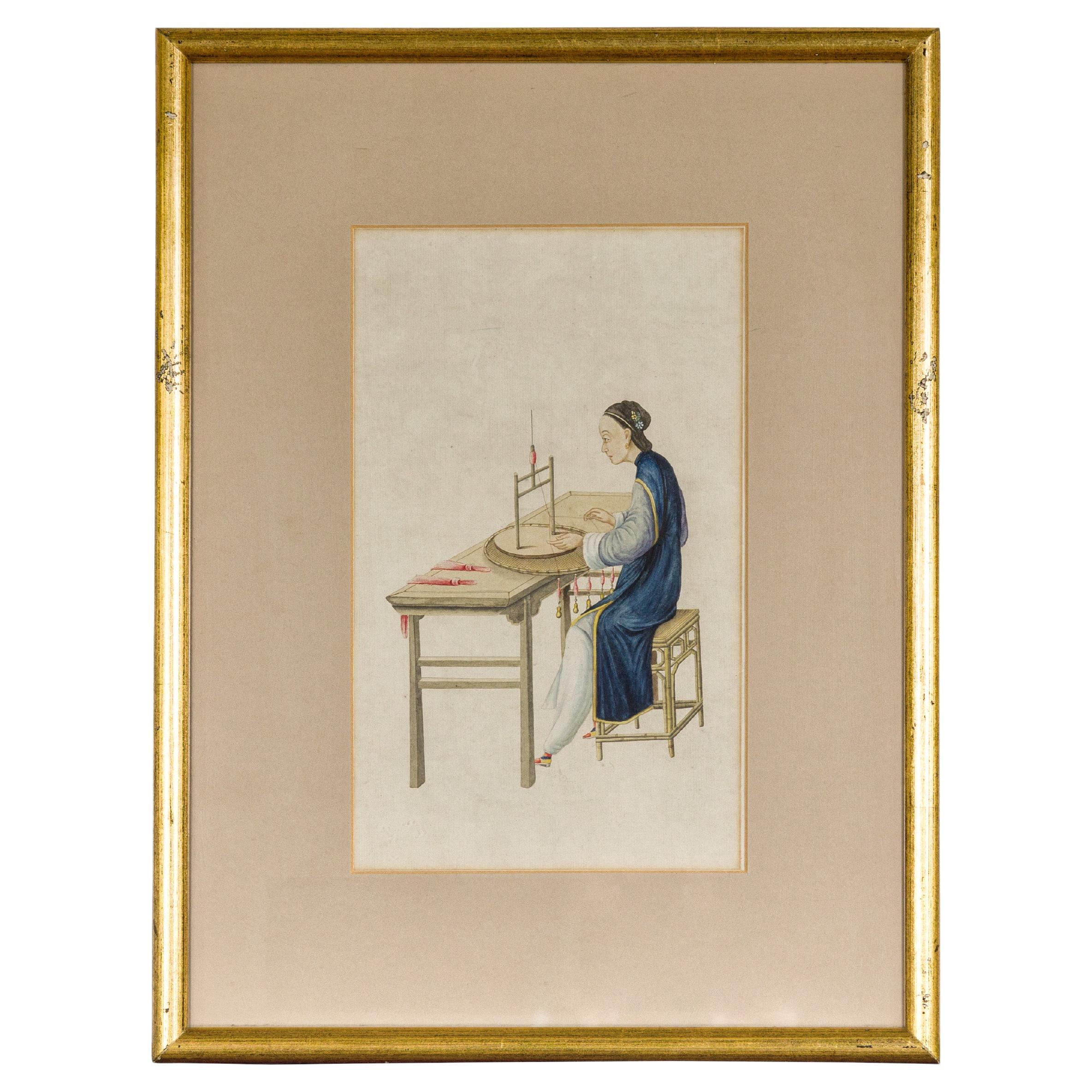 Woman in a Blue Dress Threading Silk Chinese Watercolor in Gilt Frame For Sale