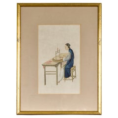 Woman in a Blue Dress Threading Silk Chinese Watercolor in Gilt Frame