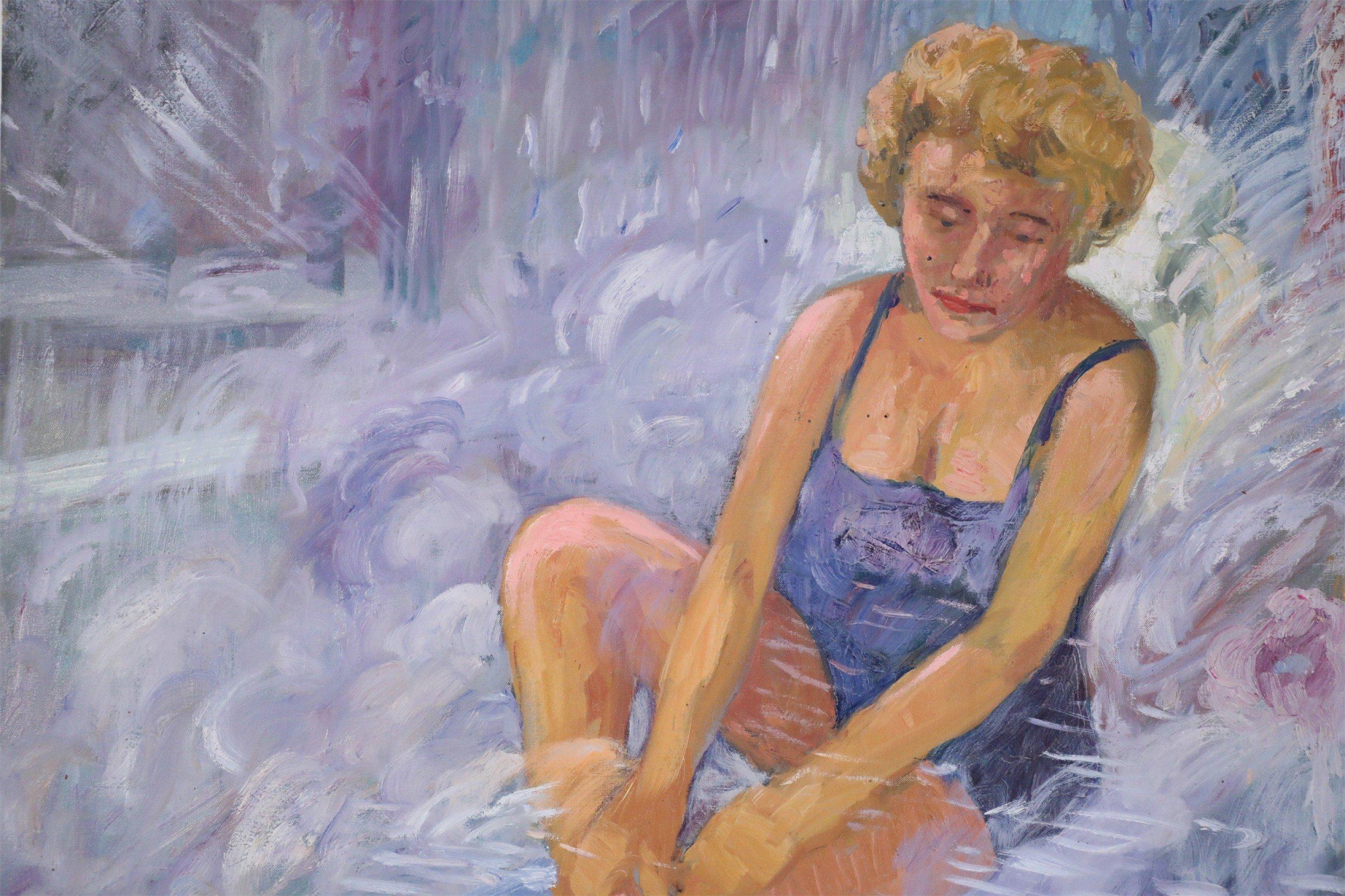 Woman in Bathing Suit Painting on Canvas For Sale 3