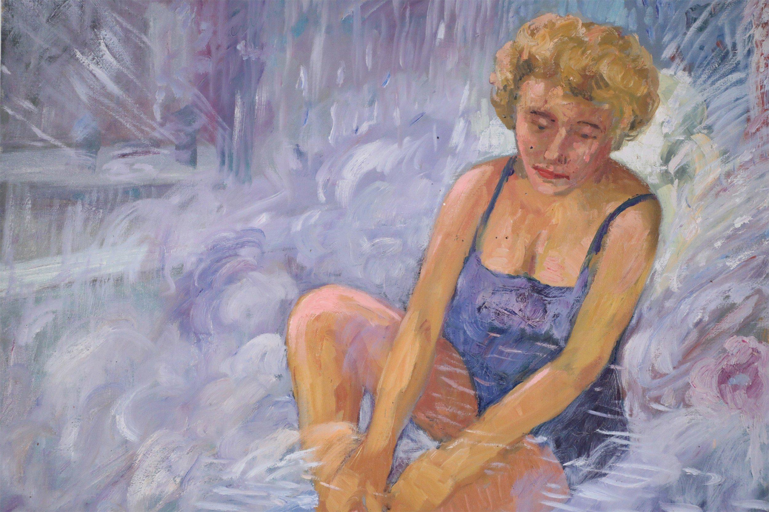 Woman in Bathing Suit Painting on Canvas For Sale 2