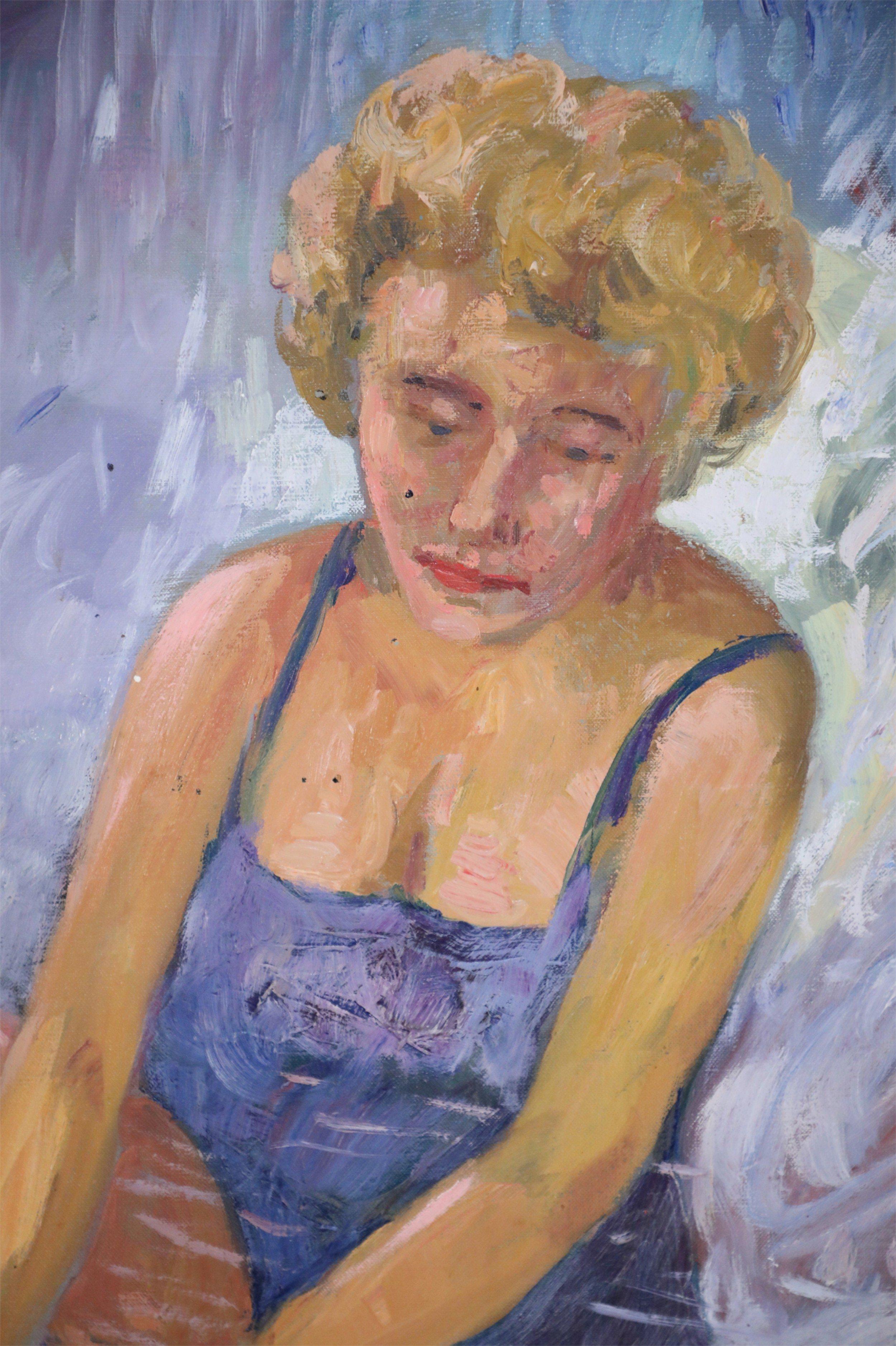 Vintage (20th century) portrait of a woman wearing a blue bathing suit, seated amidst white abstract patterns representing falling and splashing water, painted on rectangular unframed canvas.
      