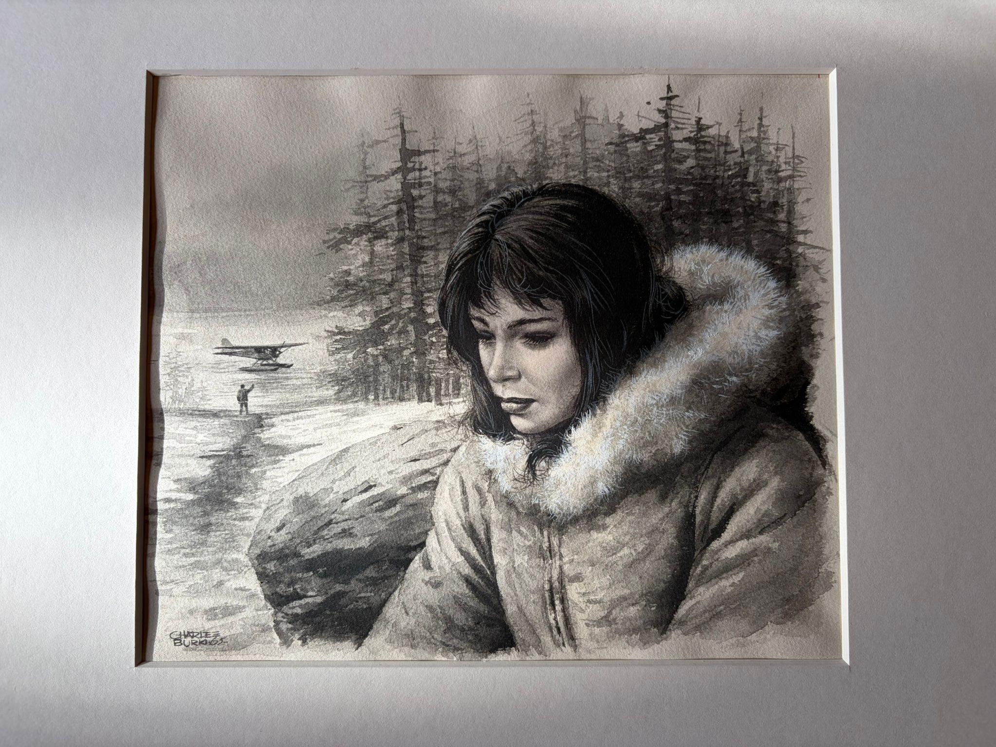 Metà XX secolo Donna con colletto di pelliccia - Illustrazione di ritratto invernale di Charles Burki, 1955 in vendita