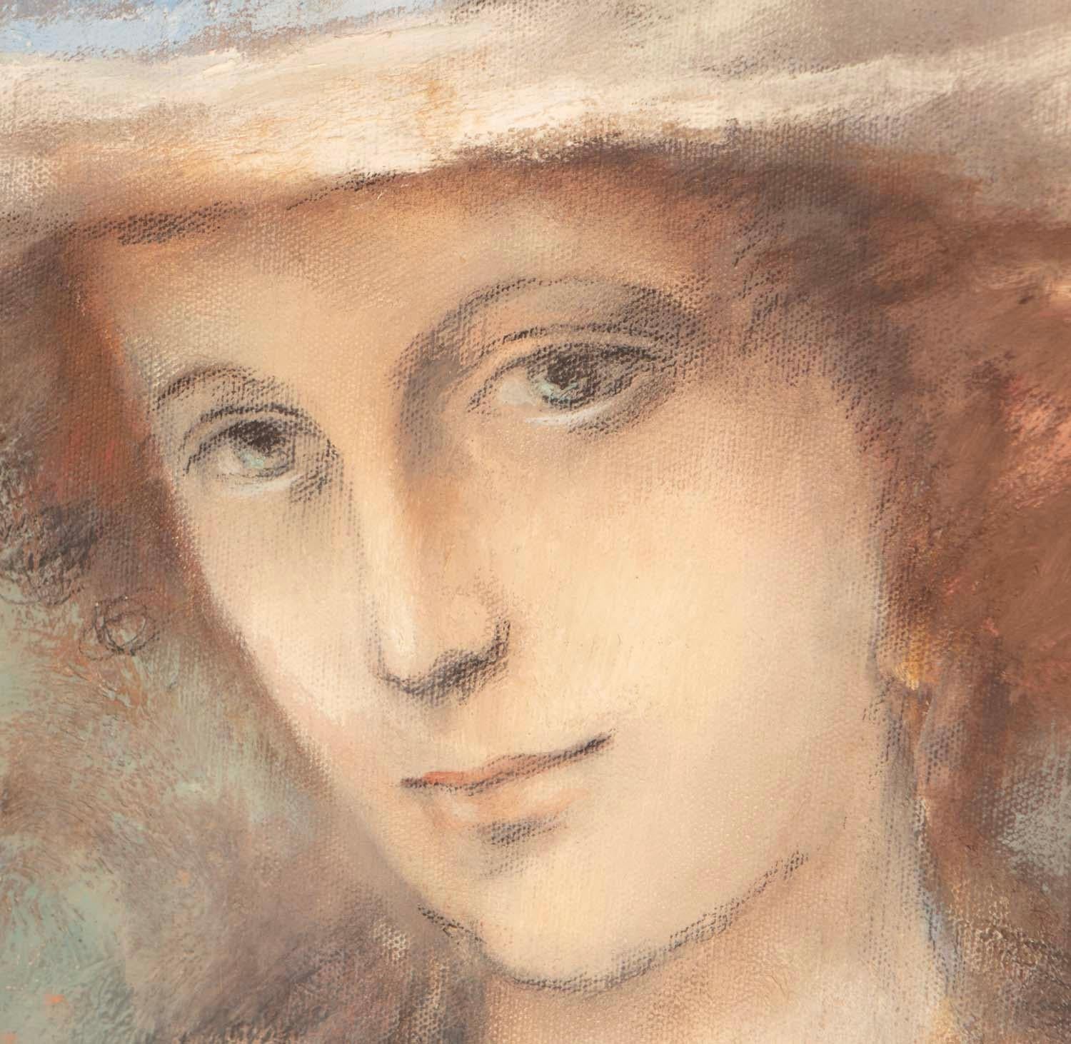 Quadro di donna con un morbido abito bianco e un cappello con piume di colore primario. La sua figura è ben proporzionata in stile impressionista, come se si trovasse nei primi anni del XX secolo. Ha un aspetto pastello ma è un olio su tela.