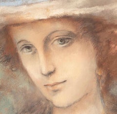 Donna con cappello di Mendez, stile impressionista con cornice a foglia d'oro