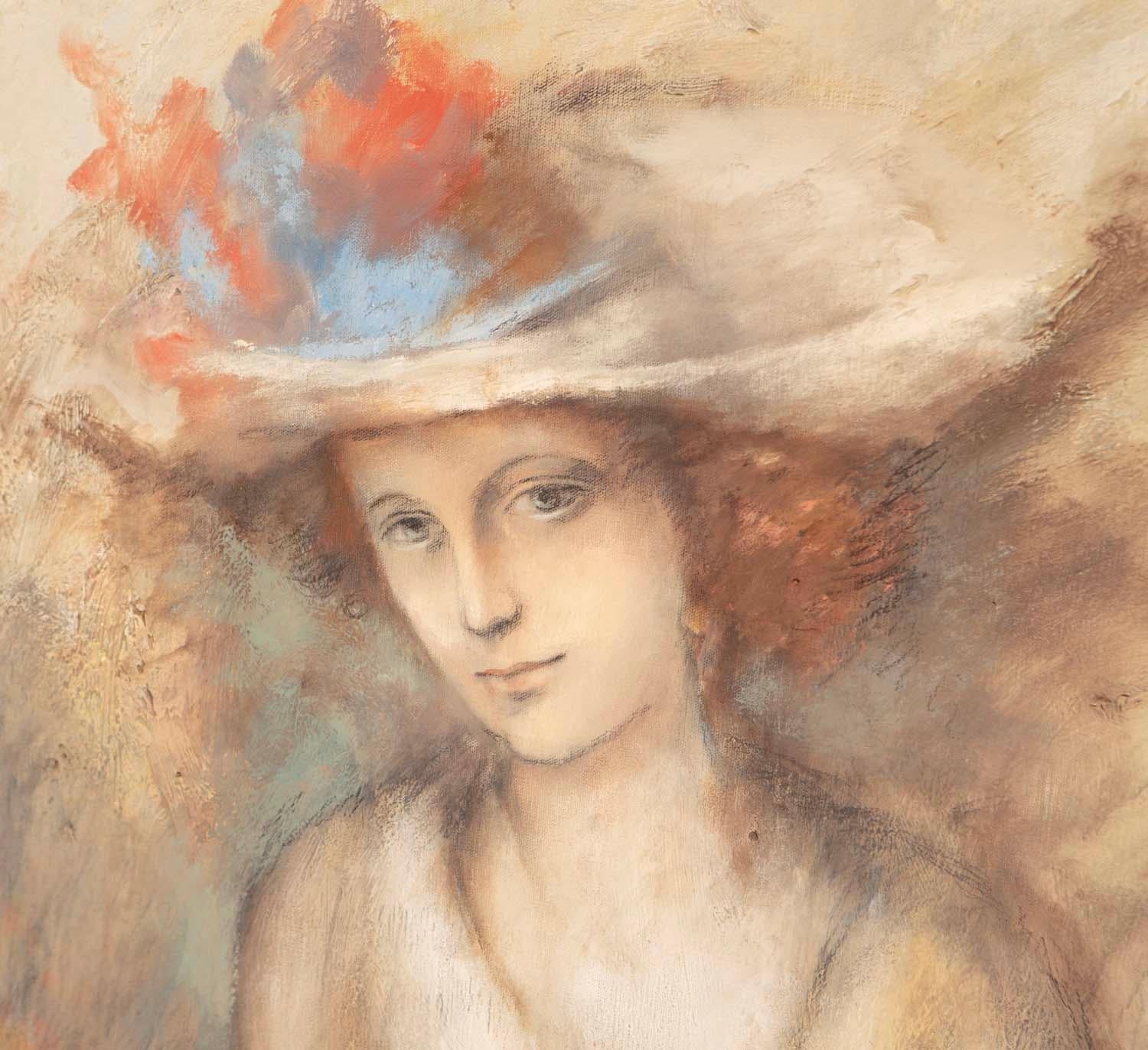 Nordamericano Donna con cappello di Mendez, stile impressionista con cornice a foglia d'oro in vendita