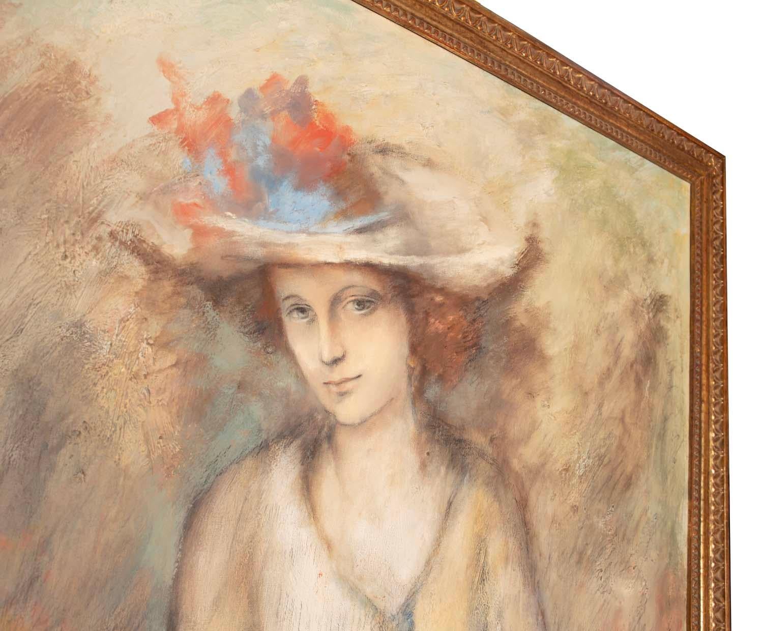 Dipinto a mano Donna con cappello di Mendez, stile impressionista con cornice a foglia d'oro in vendita