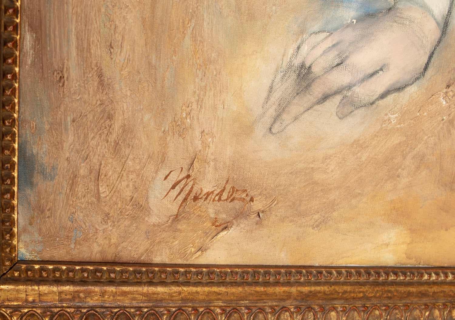 Donna con cappello di Mendez, stile impressionista con cornice a foglia d'oro In condizioni buone in vendita a Asheville, NC