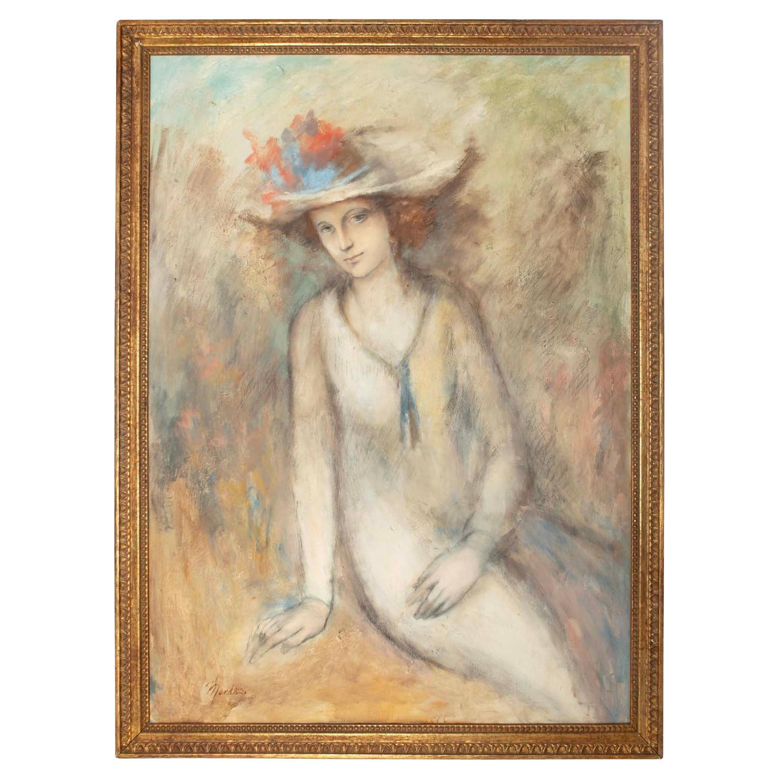 Donna con cappello di Mendez, stile impressionista con cornice a foglia d'oro in vendita