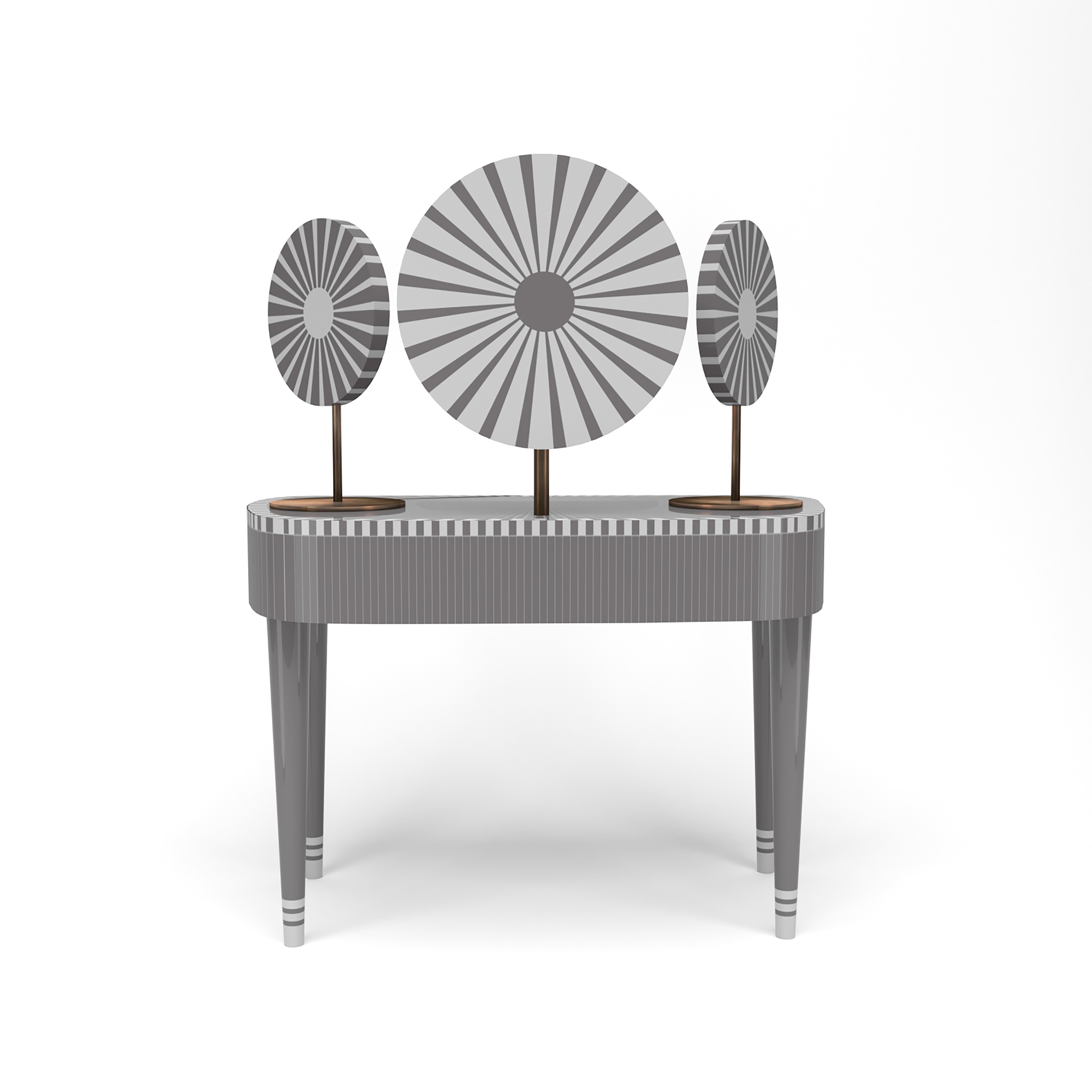 Woman in Paris Gray and White Vanity Table by Matteo Cibic is a stunning dressing table with two drawers and three mirrors, two of which can be moved to desired angles. It is available in a range of colors, which can be customised according to the