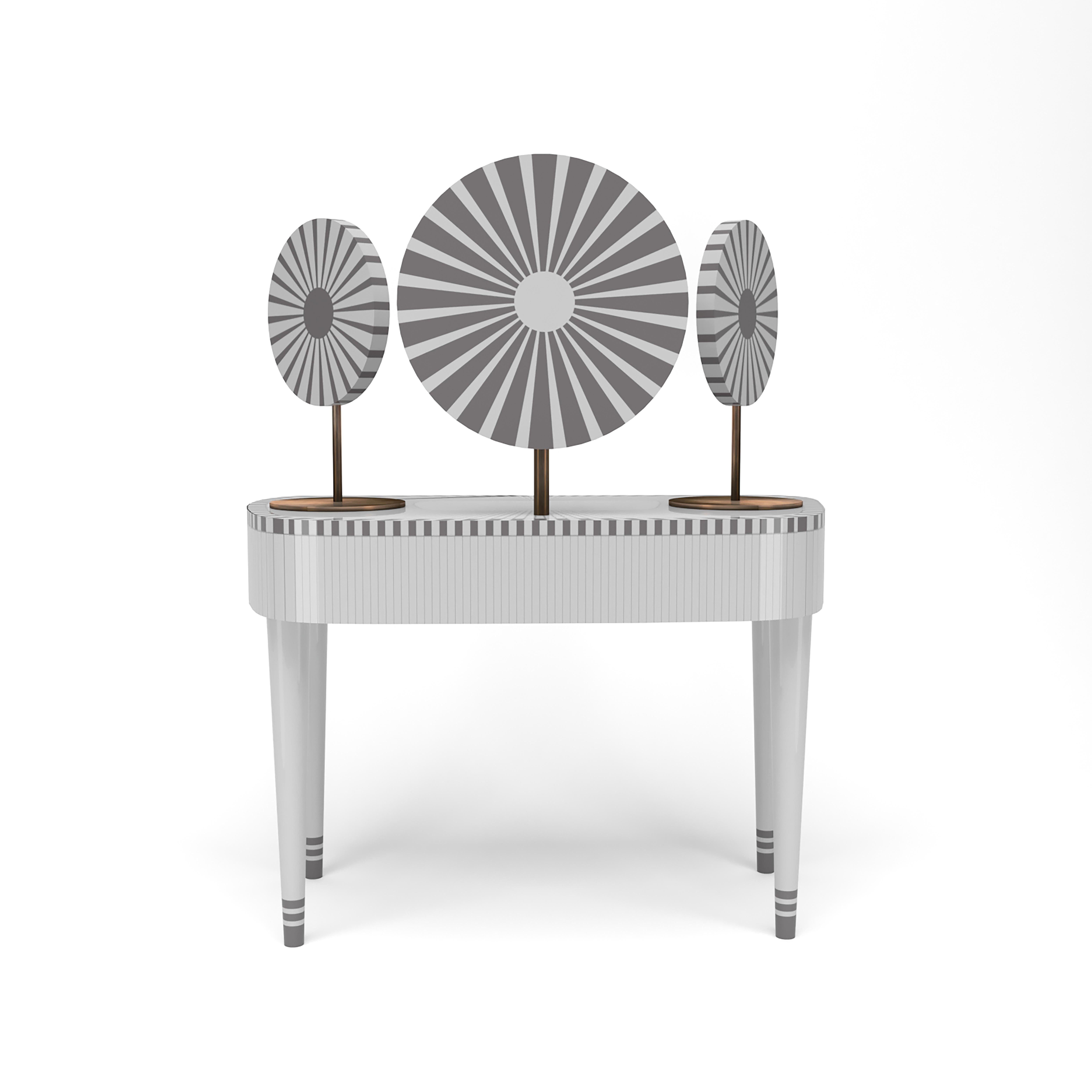 Woman in Paris White and Gray Vanity Table by Matteo Cibic is a stunning dressing table with two drawers and three mirrors, two of which can be moved to desired angles. It is available in a range of colors, which can be customised according to the