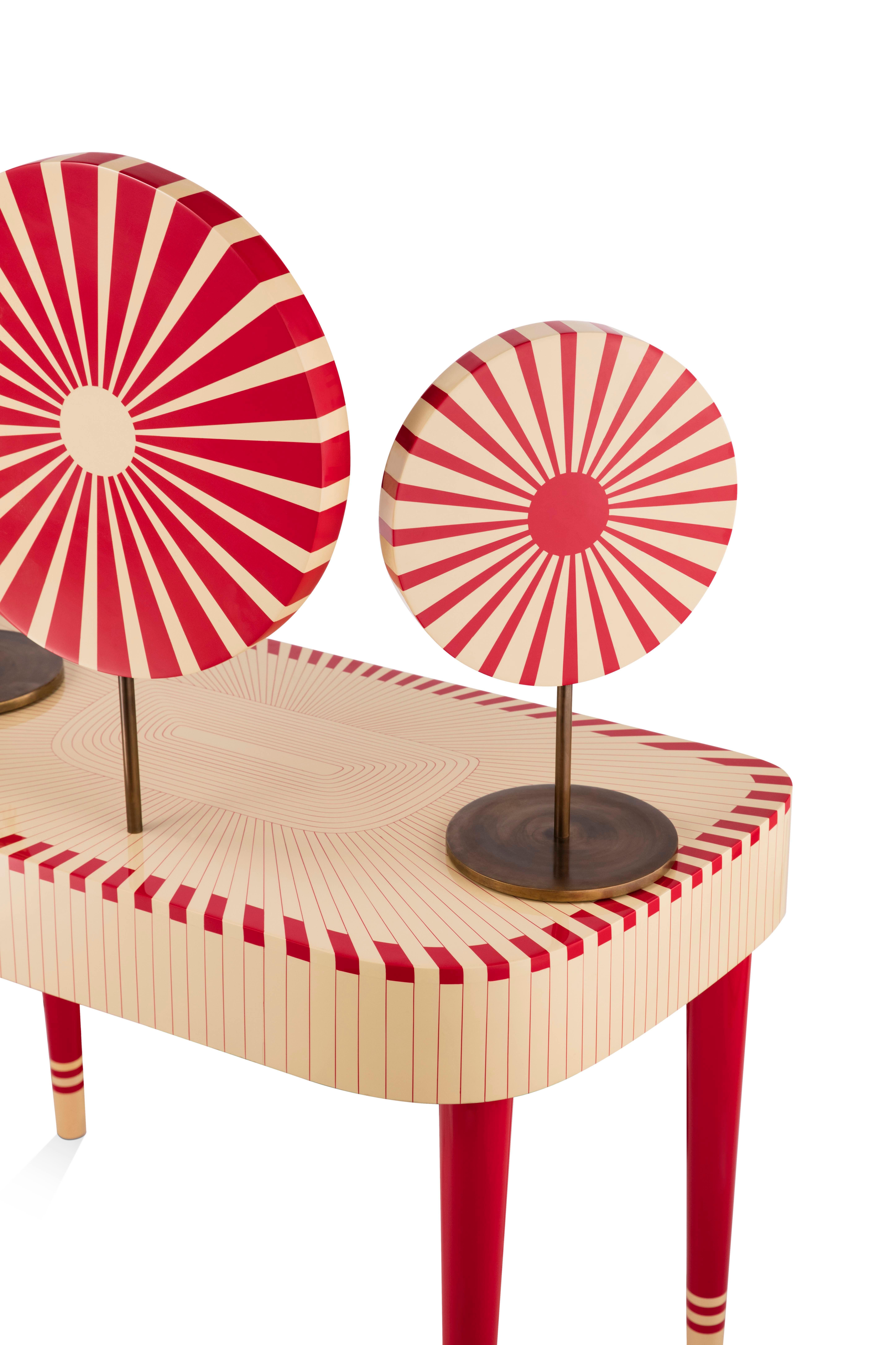 Woman in Paris Red and White Vanity Table by Matteo Cibic is a stunning dressing table with two drawers and three mirrors, two of which can be moved to desired angles. It is available in a range of colors, which can be customized according to the