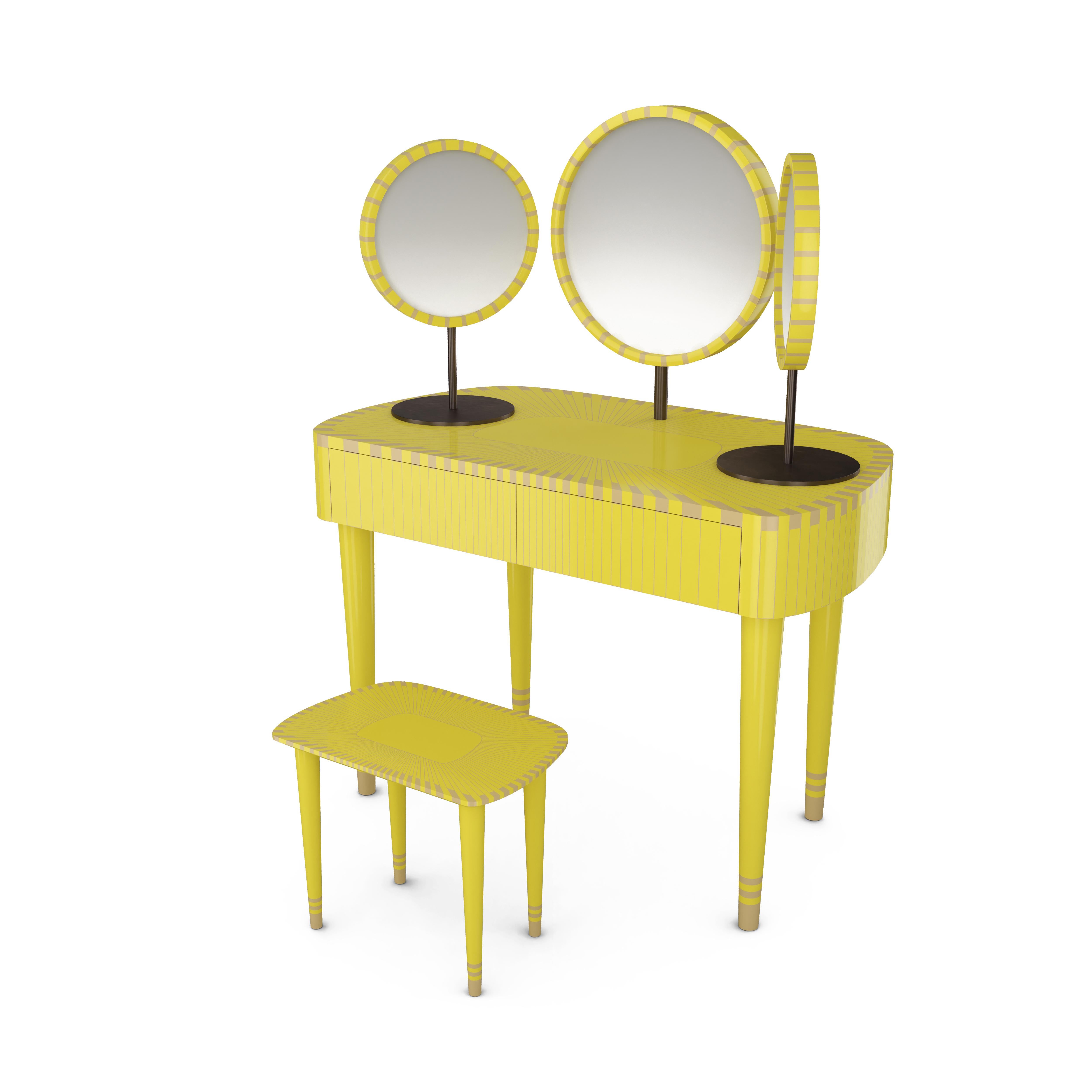 Woman in Paris lime vanity table by Matteo Cibic is a stunning dressing table with two drawers and three mirrors, two of which can be moved to desired angles. It is available in a range of colors, which can be customized according to the