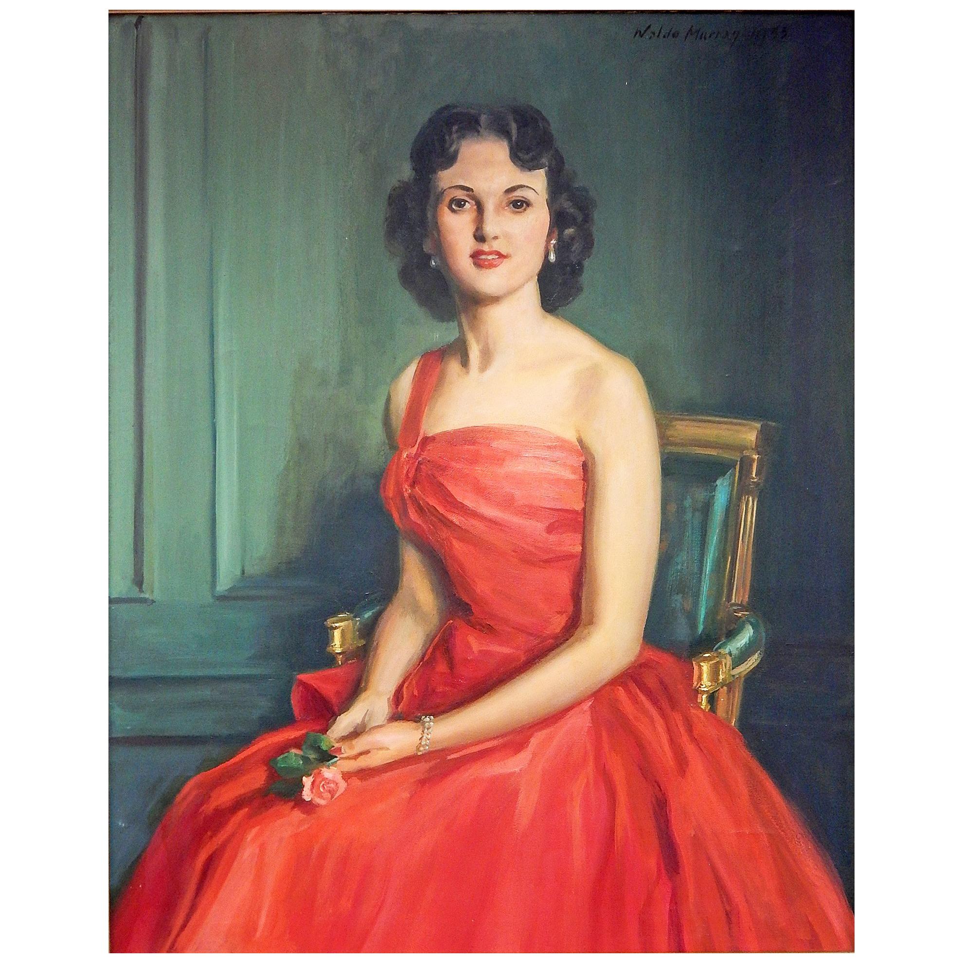 "Woman in Red, " Brilliant, Large Mid-Century Female Portrait in Candy Apple Red