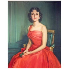 « Femme en rouge », grand portrait de femme du milieu du siècle dernier en rouge pomme de bonbon