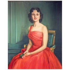 "Woman in Red, " Brilliant, Large Mid-Century Female Portrait in Candy Apple Red