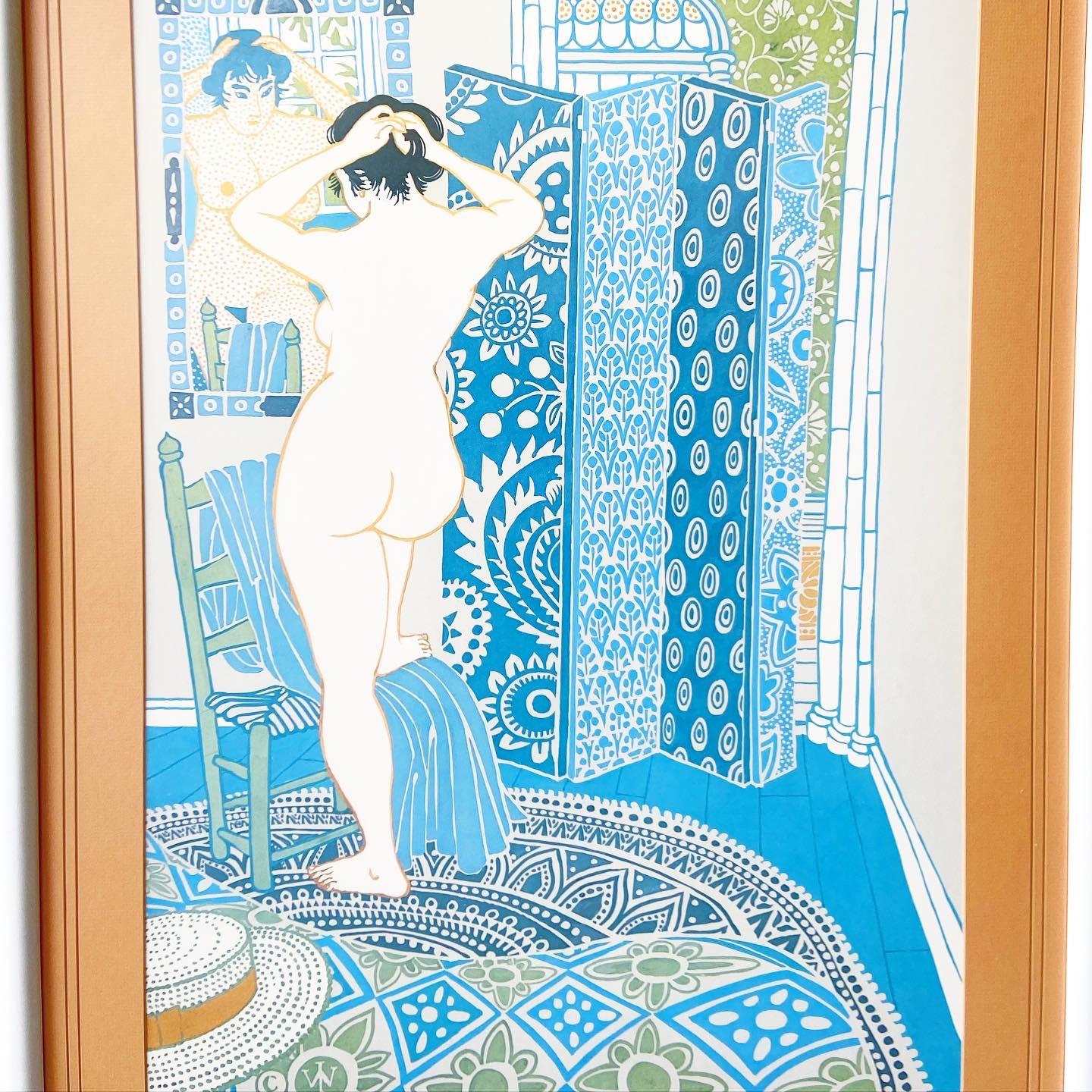 Beautiful Asian art print featuring a woman drying off after a shower.

Additional information:
Material: Paper, Wood
Color: Blue, Orange
Style: Asian, Vintage
Time Period: 1990s
Dimension: 29” L x 1” D x 41” H