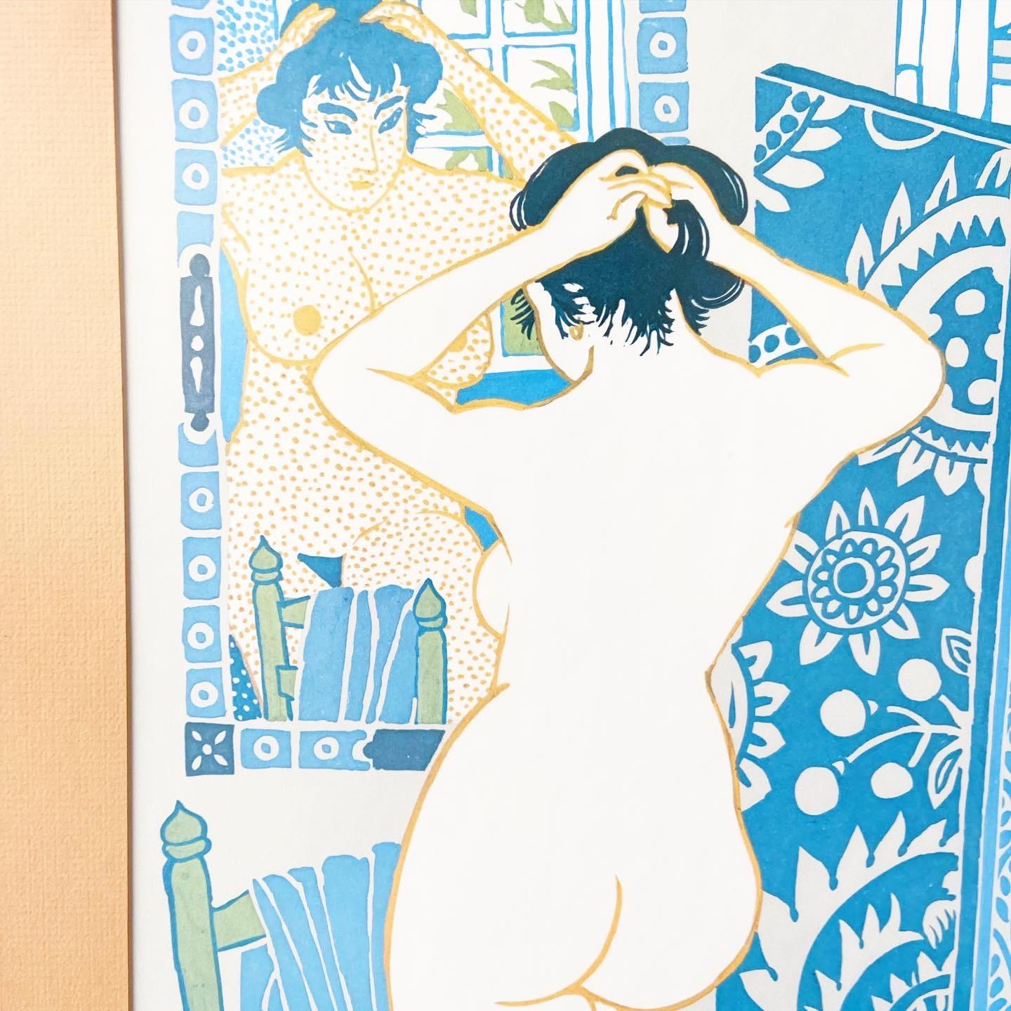 Postmoderne Femme dans la salle de douche, impression d'art asiatique encadrée en vente
