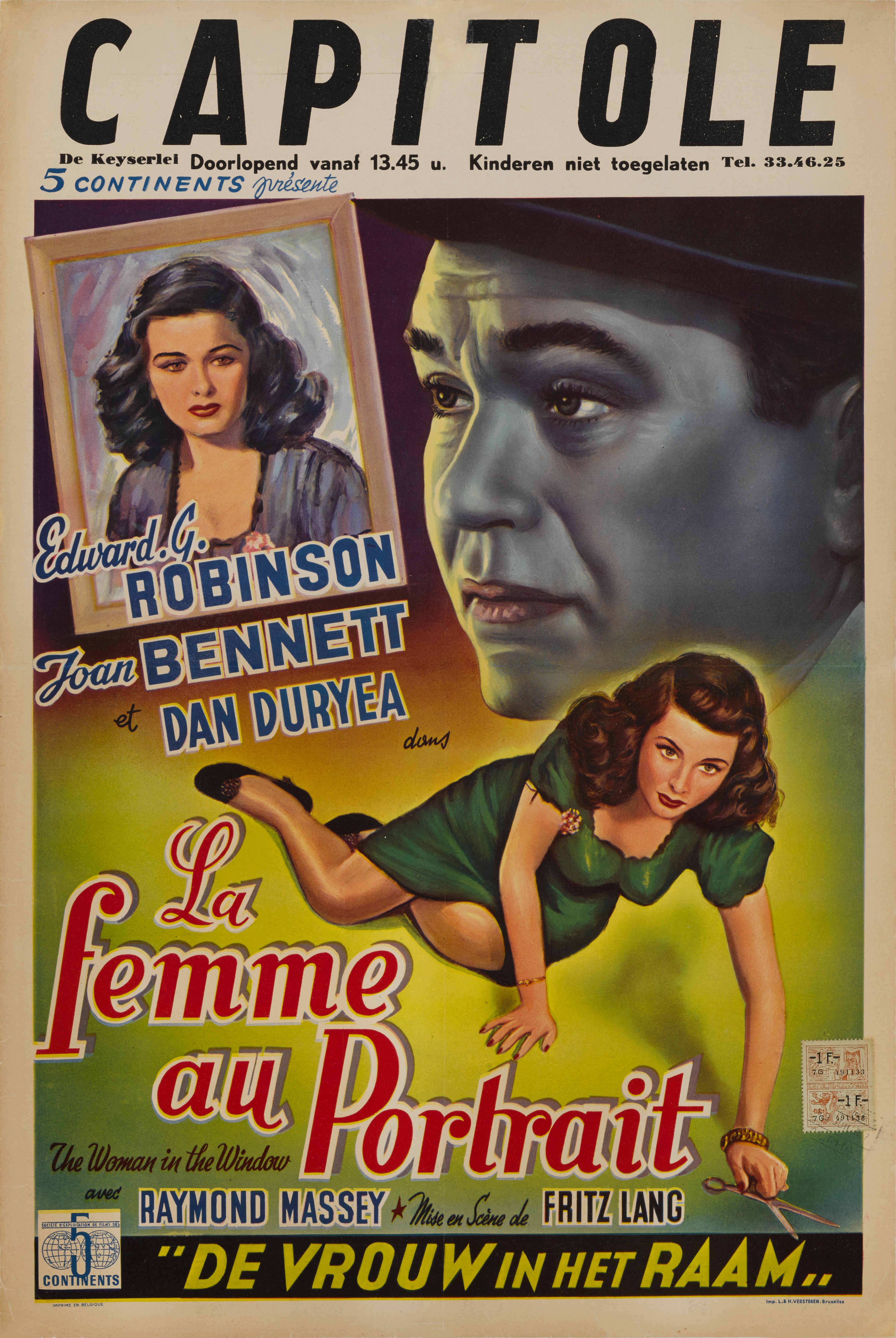 Original Belgian film poster for Fritz Langs 1944 Film Noir starring Edward G. Robinson, Joan Bennett
This atmospheric poster was designed for the films Belgian re-release in the 1950s
The poster is conservation linen backed and would be shipped