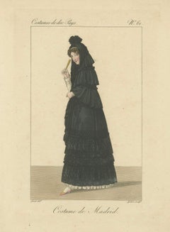 Femme en robe traditionnelle madrilène - Gravure coloriée à la main, c.1820