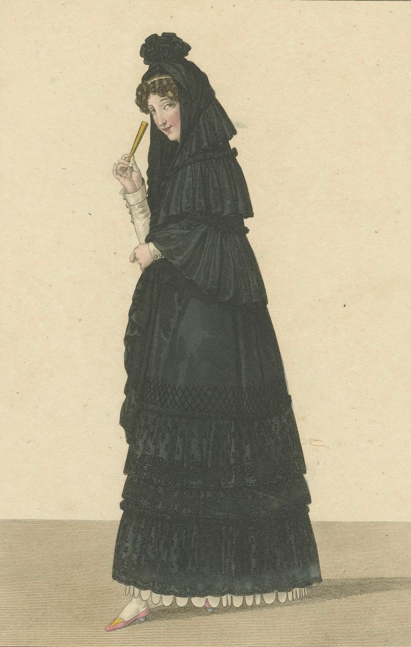 Frau in traditioneller Madrider Kleidung - Handkolorierter Kupferstich, um 1820 (Französisch) im Angebot