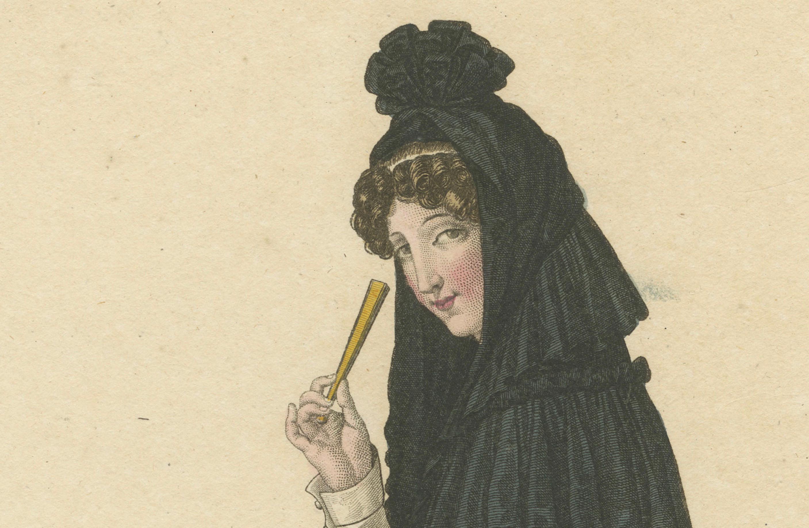 Frau in traditioneller Madrider Kleidung - Handkolorierter Kupferstich, um 1820 (Graviert) im Angebot