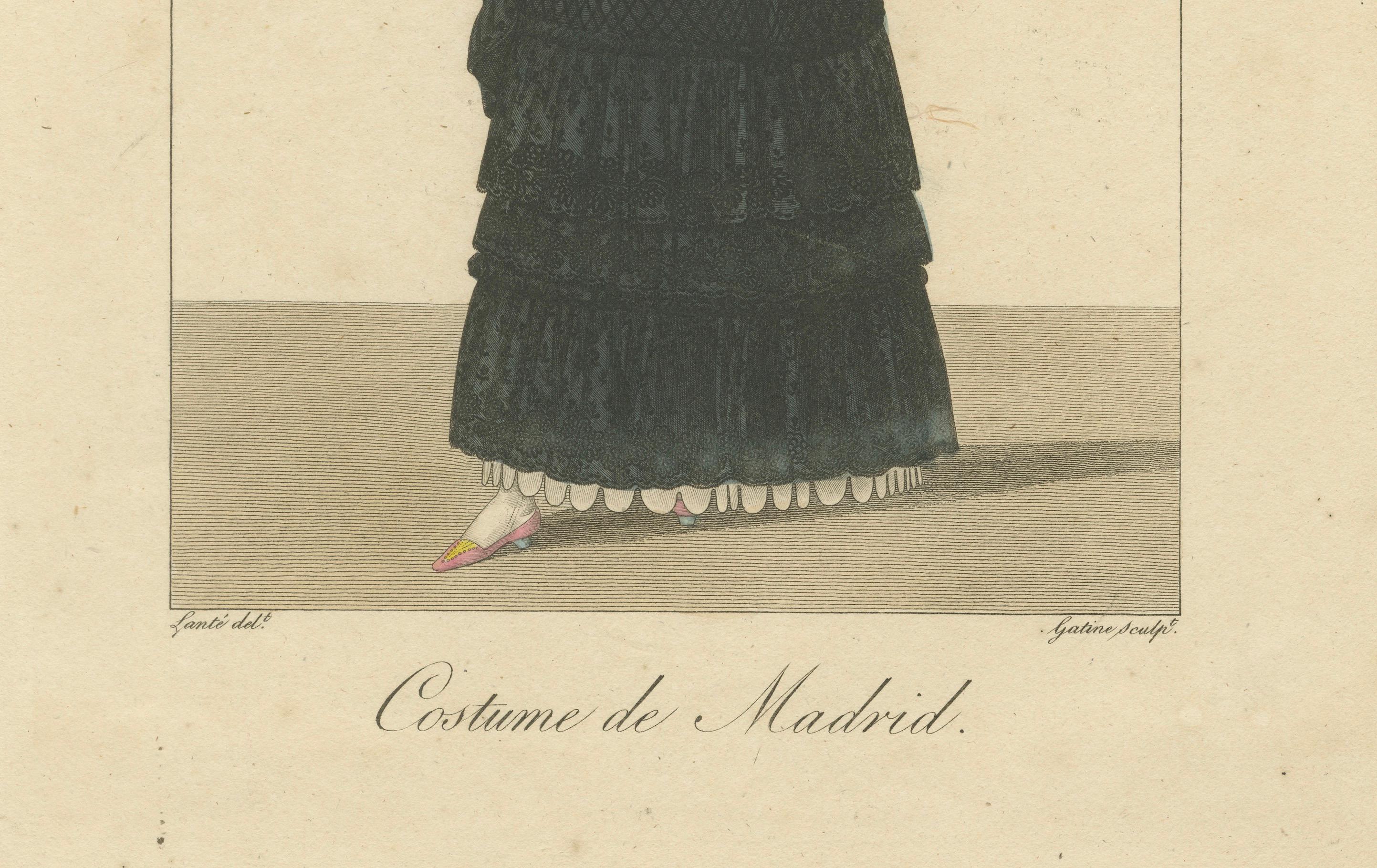 Frau in traditioneller Madrider Kleidung - Handkolorierter Kupferstich, um 1820 im Zustand „Gut“ im Angebot in Langweer, NL