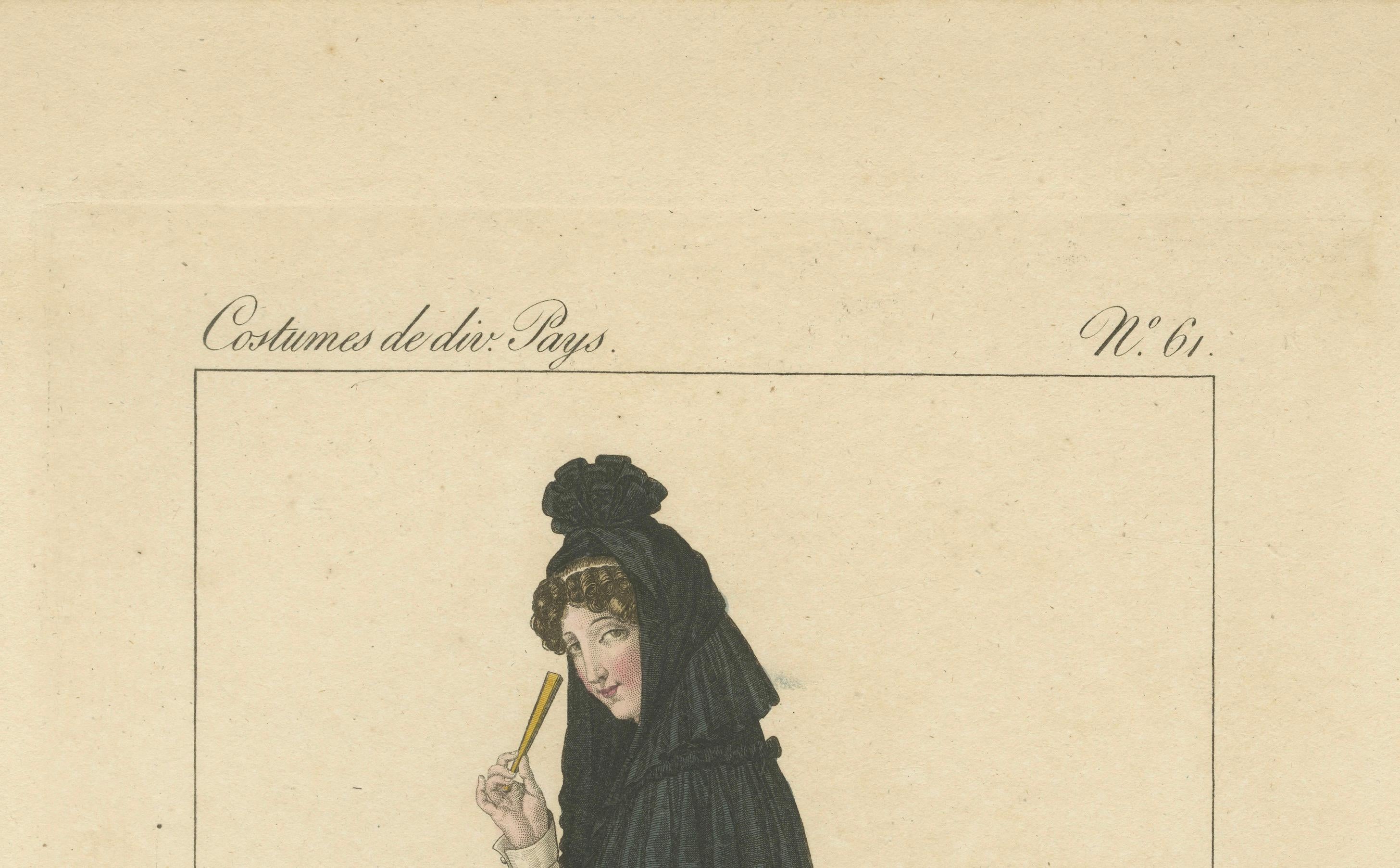 Frau in traditioneller Madrider Kleidung - Handkolorierter Kupferstich, um 1820 (Frühes 19. Jahrhundert) im Angebot