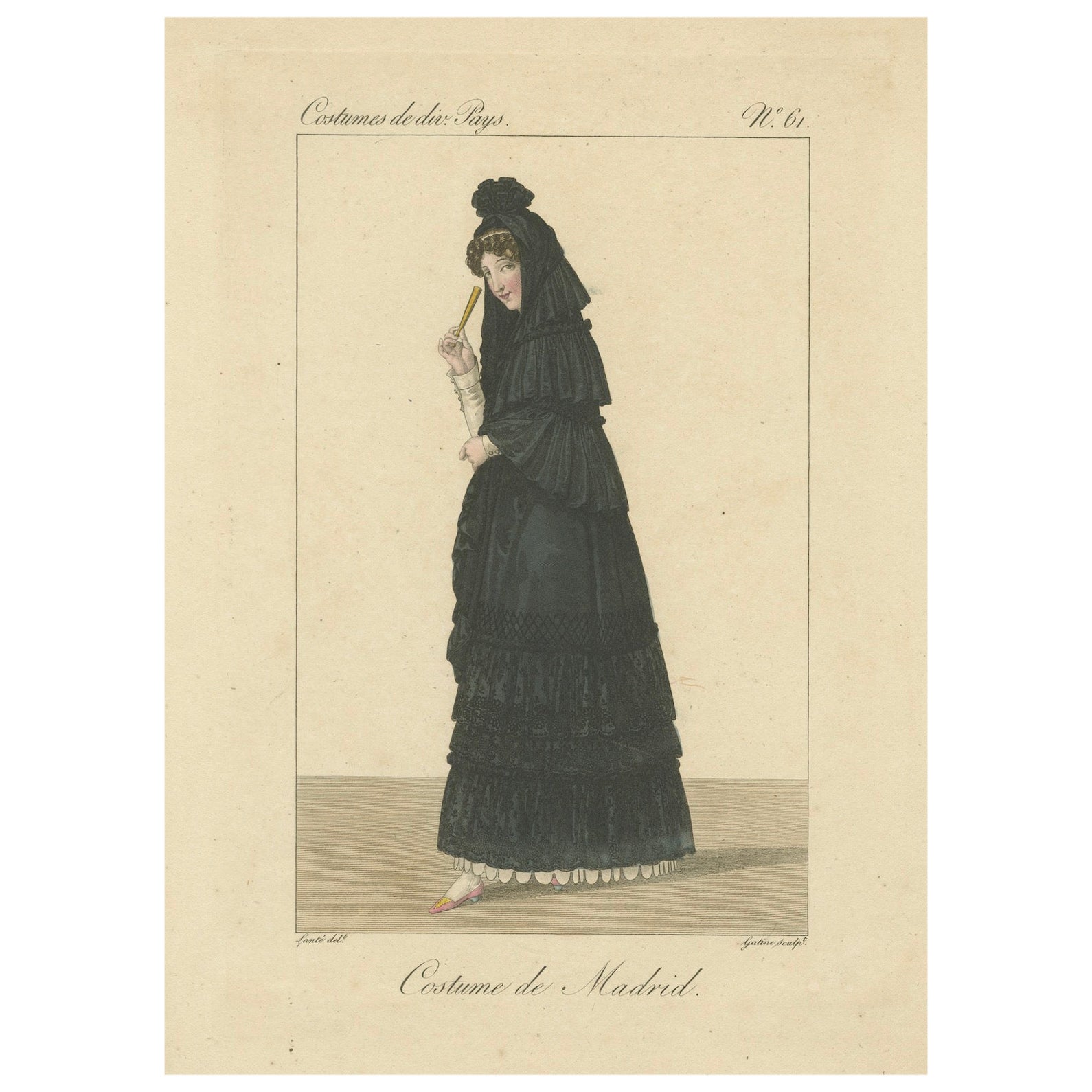 Frau in traditioneller Madrider Kleidung - Handkolorierter Kupferstich, um 1820