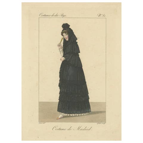 Woman in Traditional Madrid Dress – Hand-Colored Engraving, c.1820